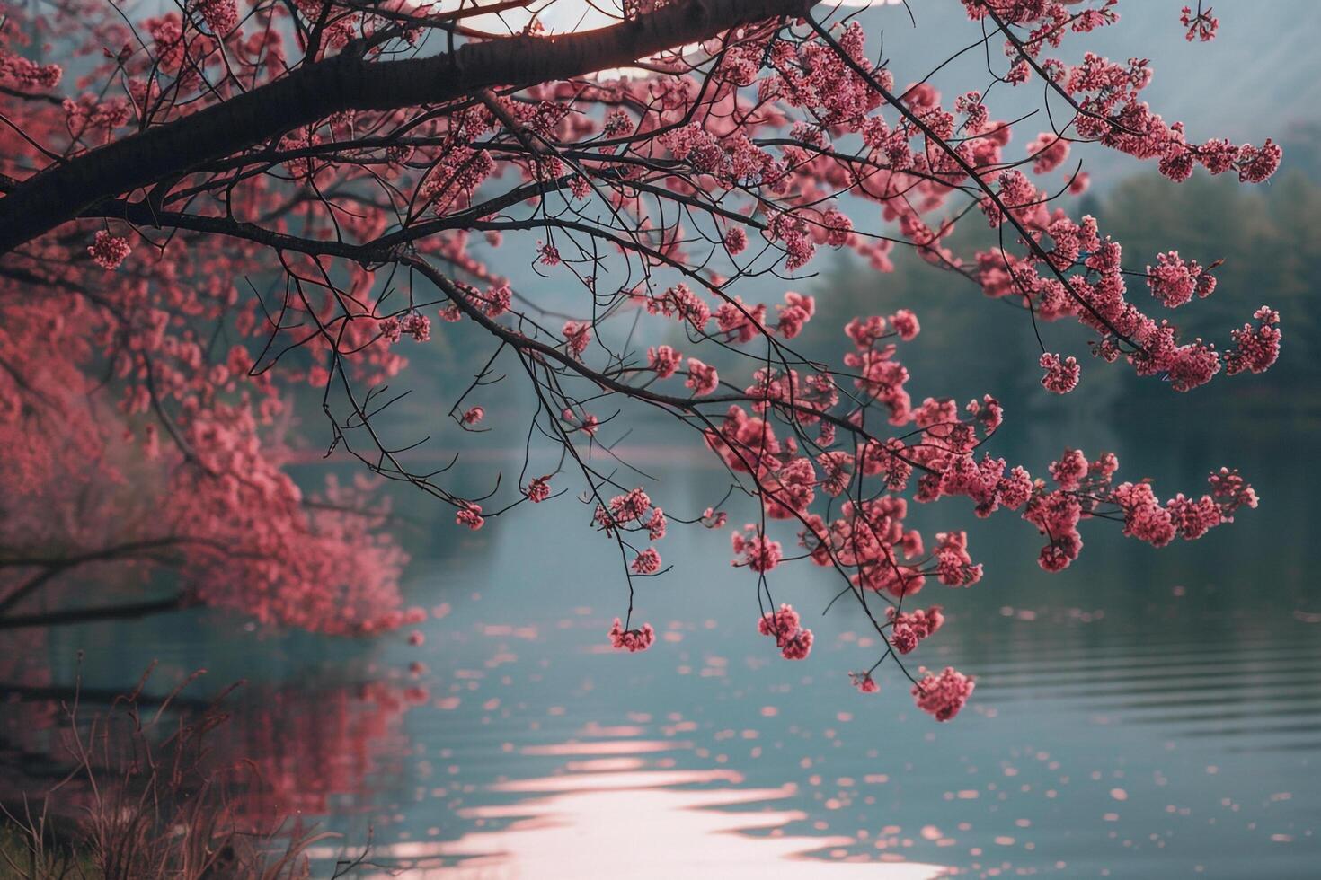 Tree with pink flowers near a lake background photo
