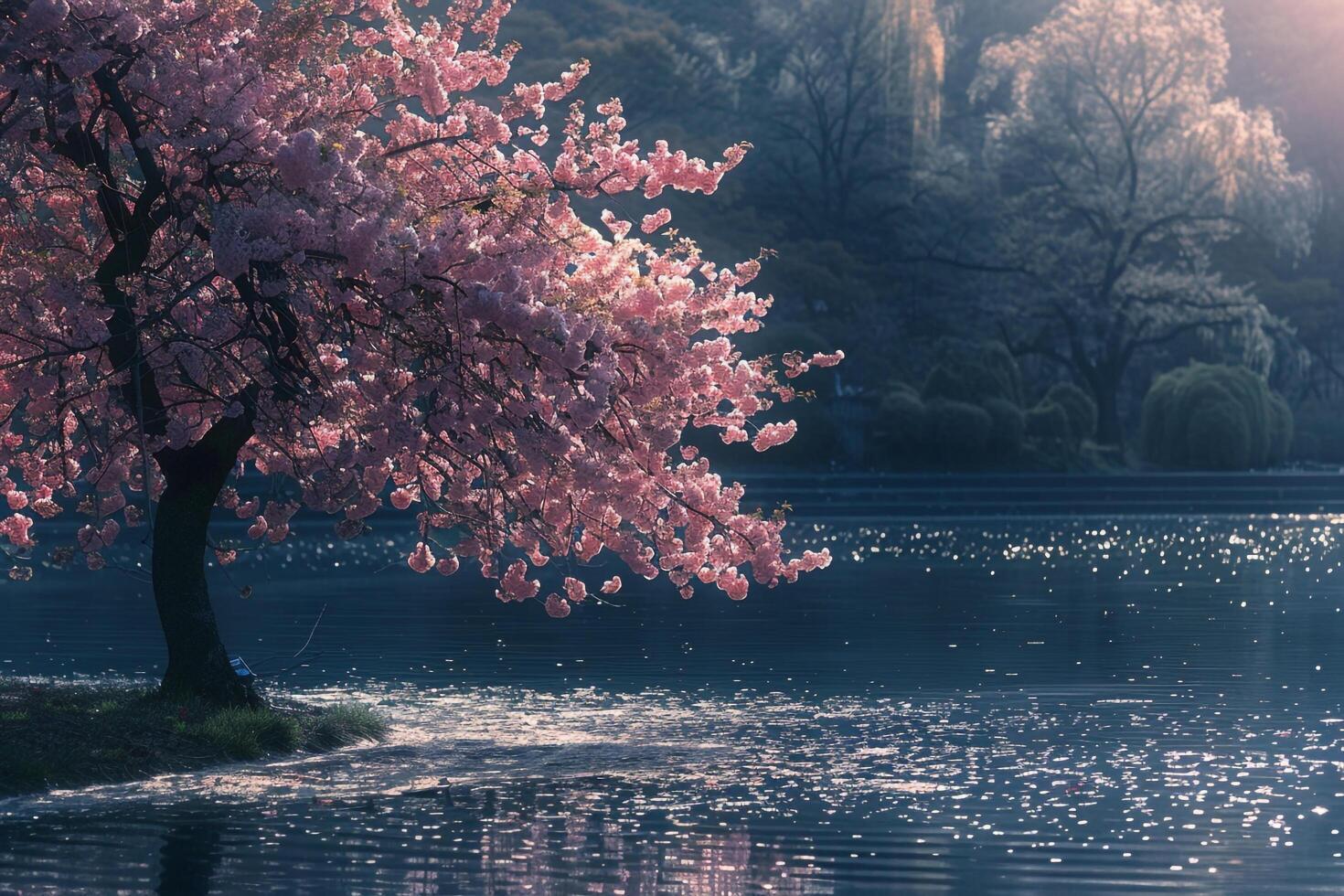 Tree with pink flowers in the water background photo