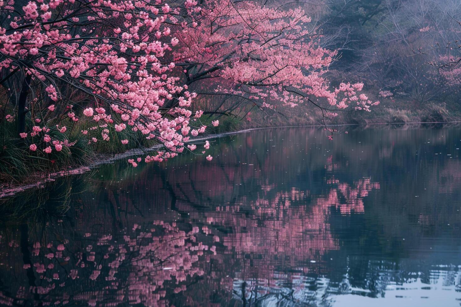 River with pink flowers and trees reflected in it background photo