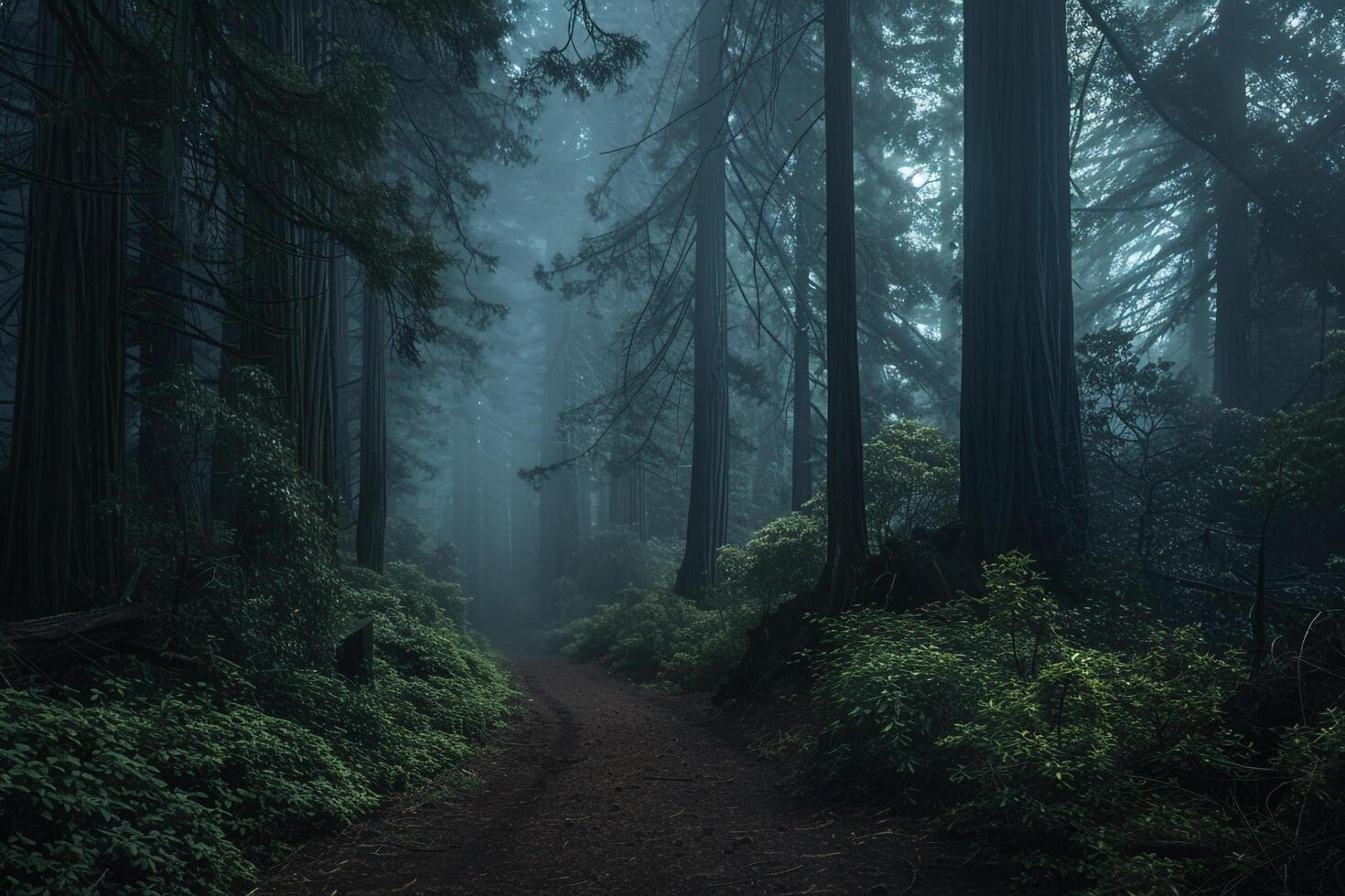 A path through a dark forest with tall trees background photo