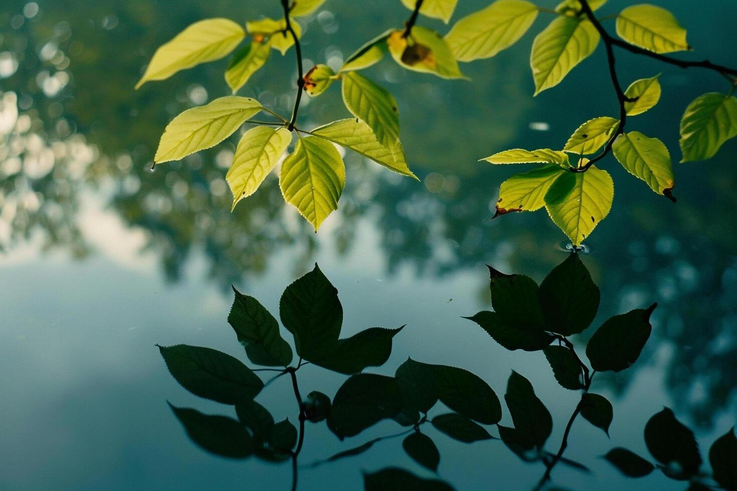 Green leaves on a tree branch reflected in water background photo