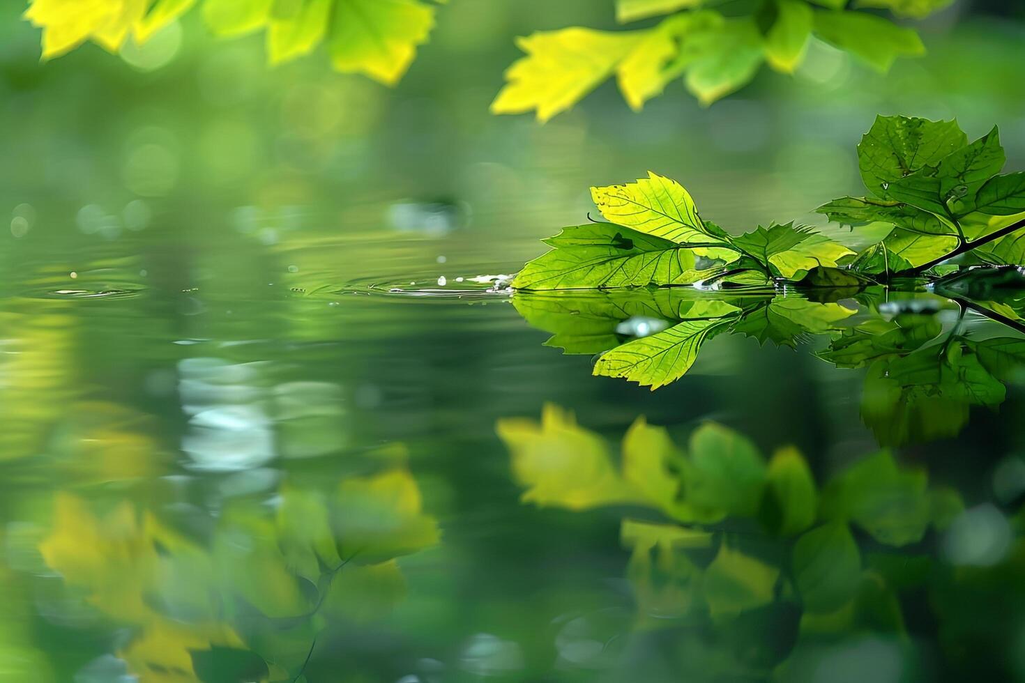 Green leaves on water with reflection background photo