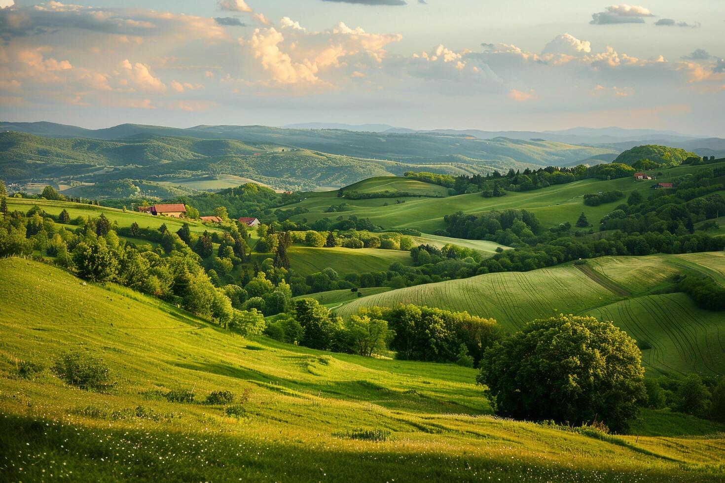 a beautiful view of a green rolling hillside background photo