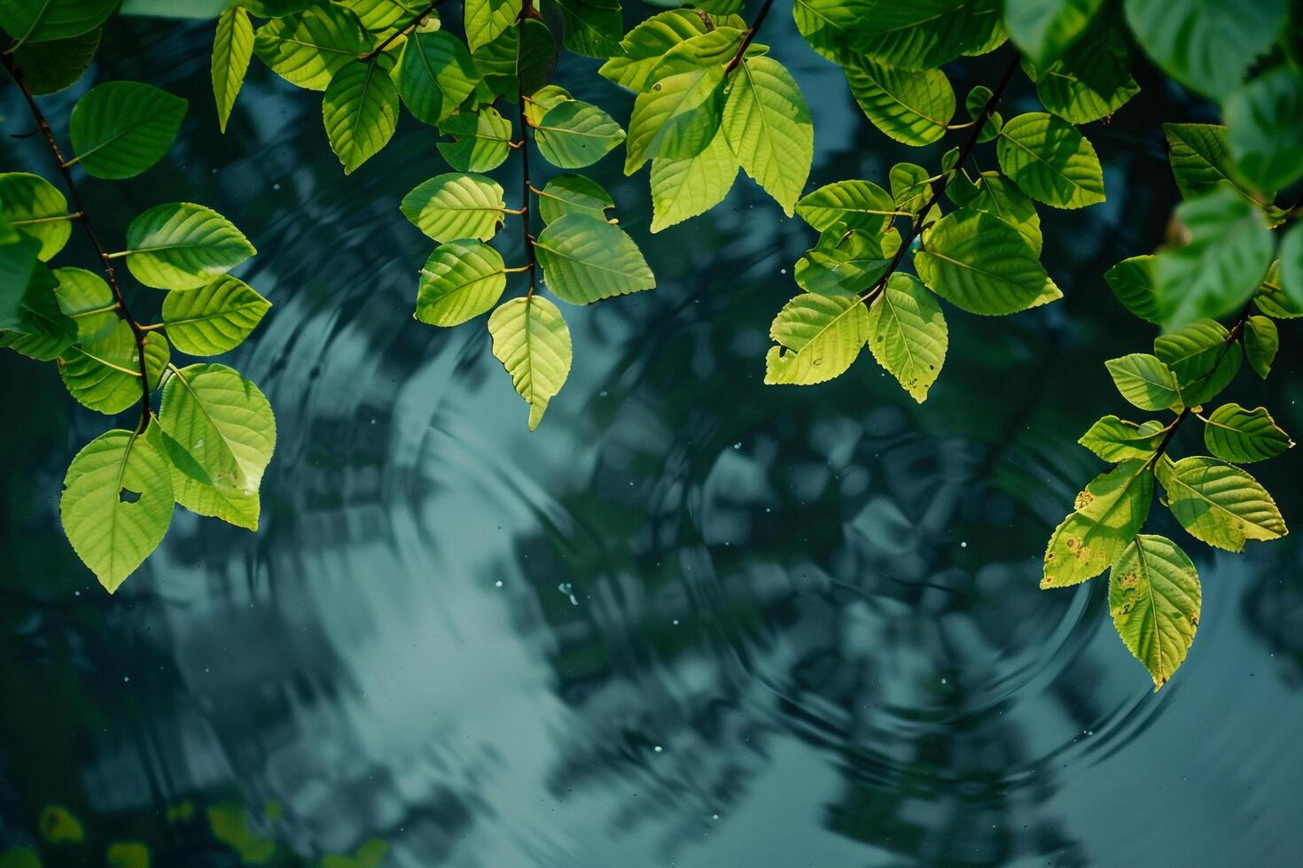Green leaves on a branch over water background photo