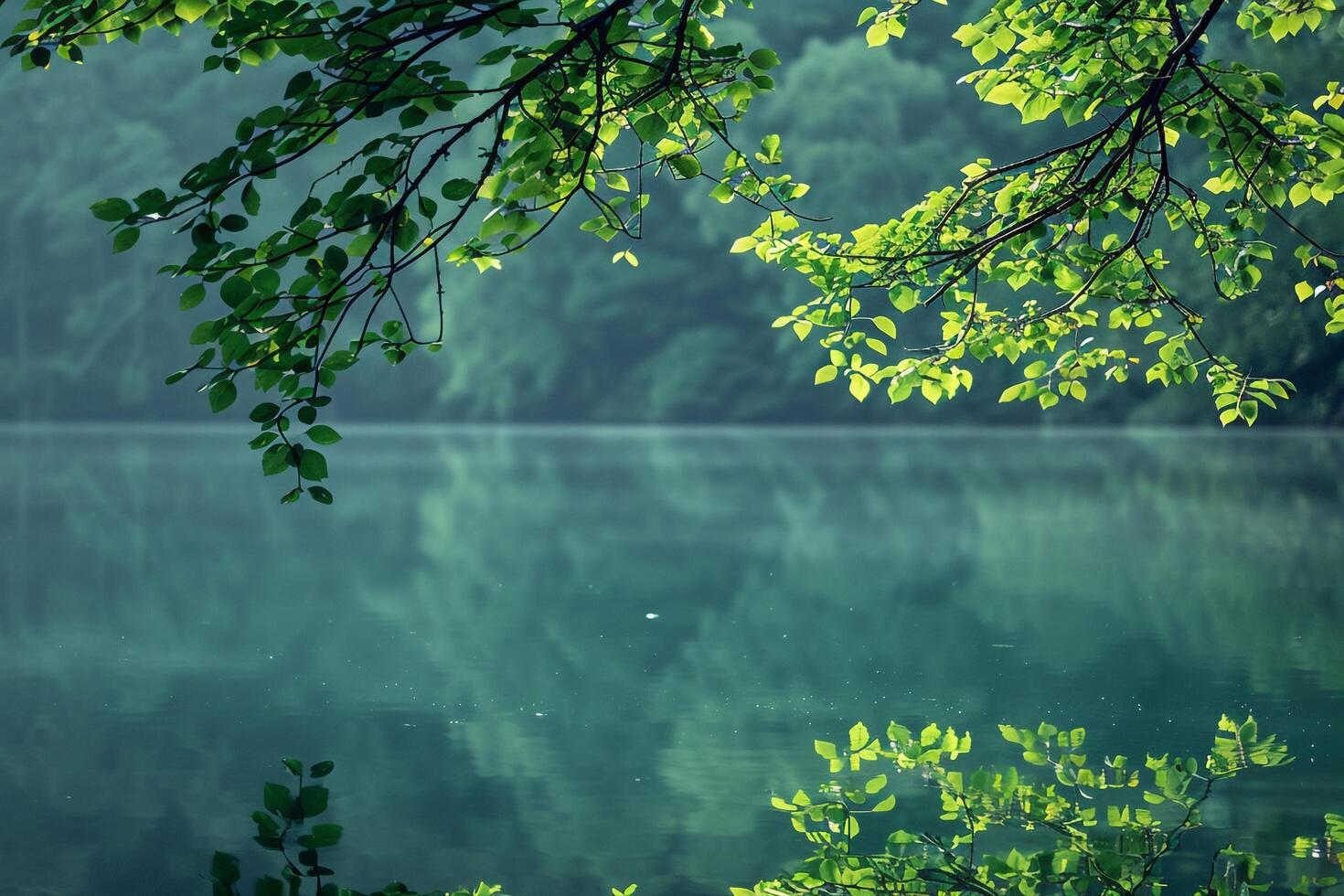 Tree branch hanging over water background photo