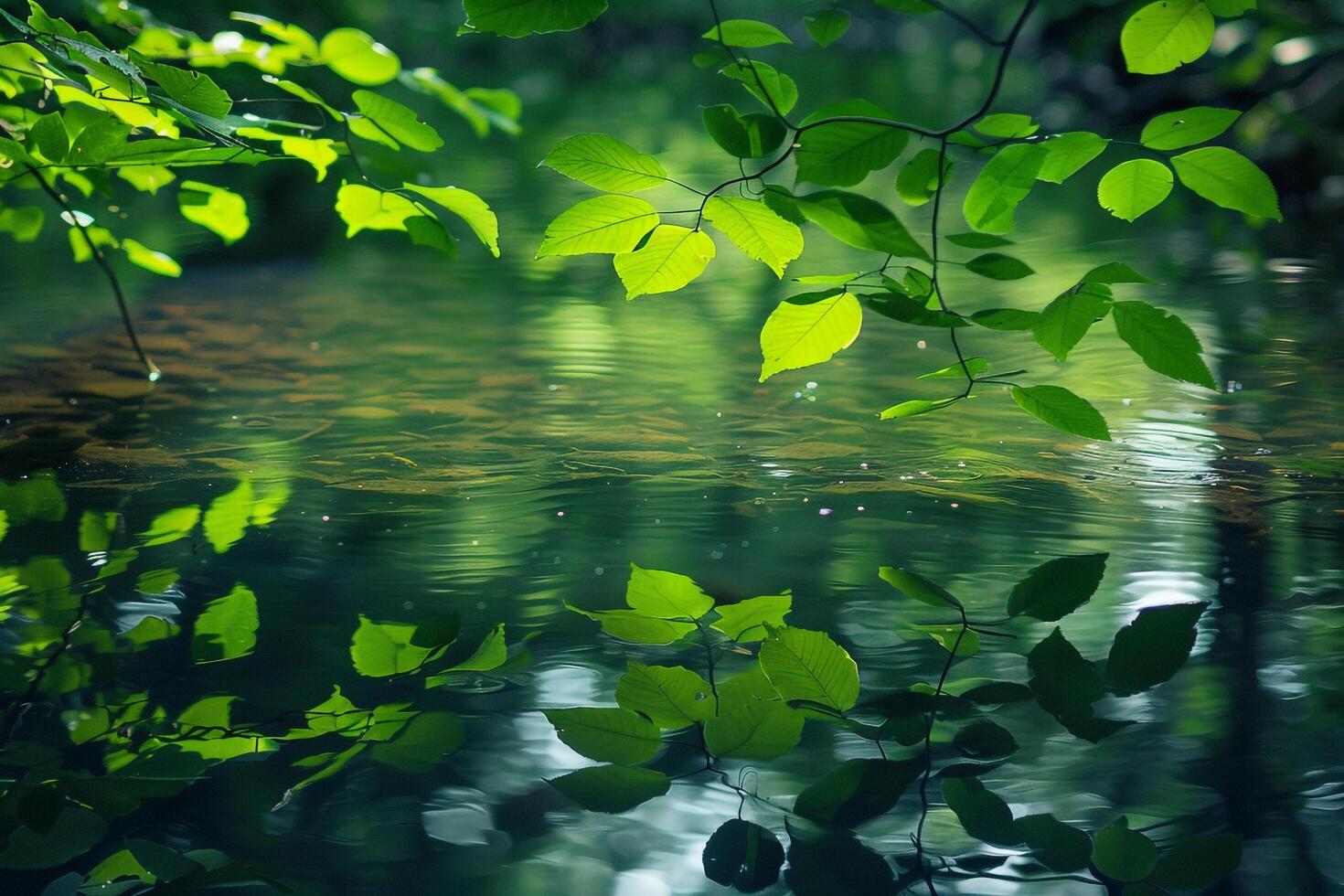 Reflection of green leaves on water in forest background photo