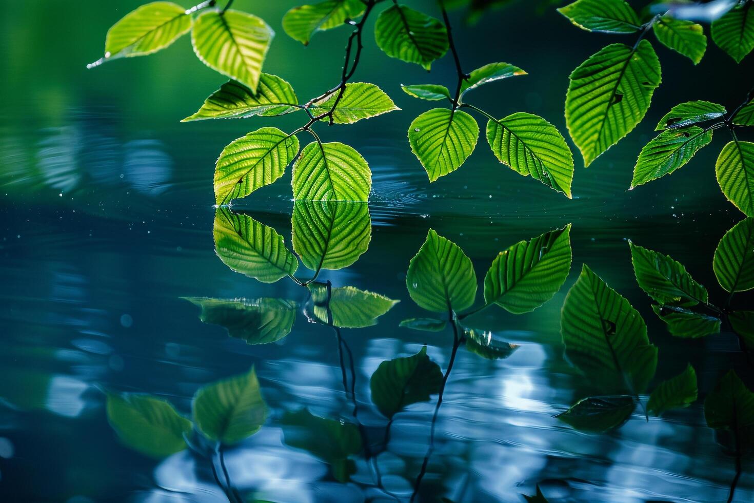 Reflection of green leaves on water background photo