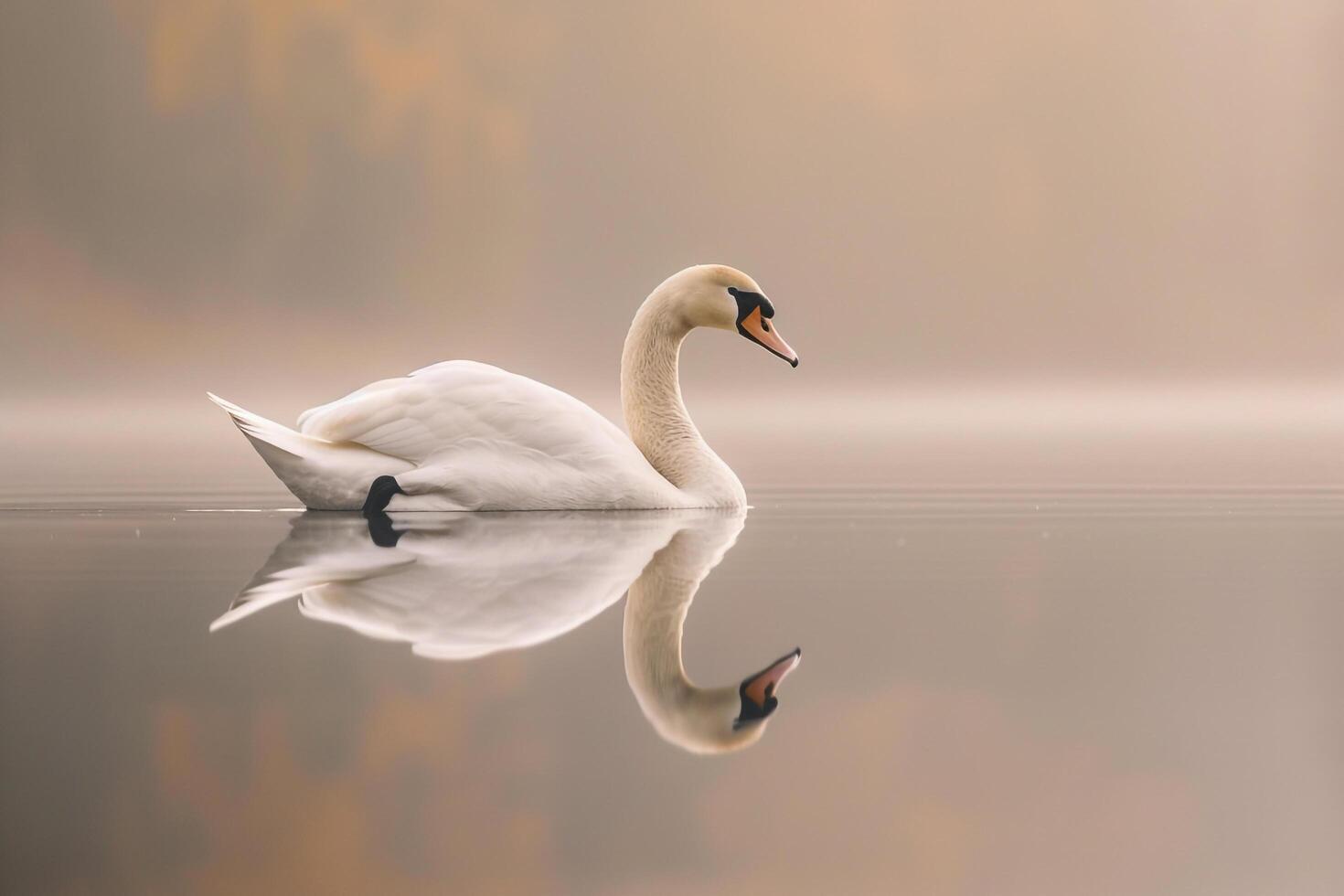 Swan floating on a lake in the fog background photo