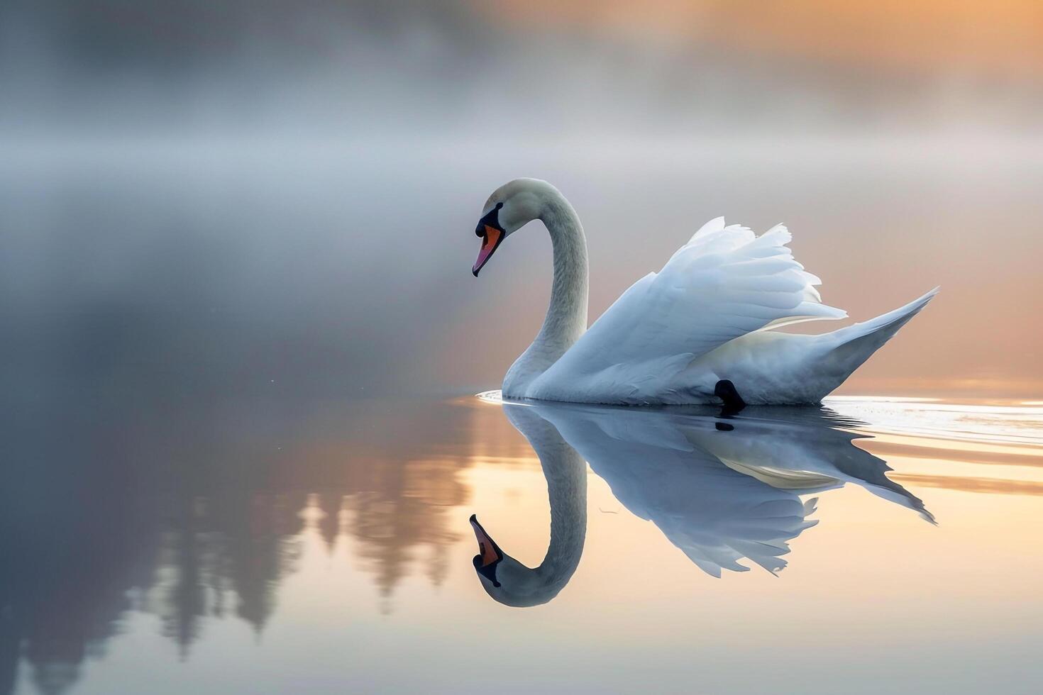 a swan is floating on a lake at sunrise background photo
