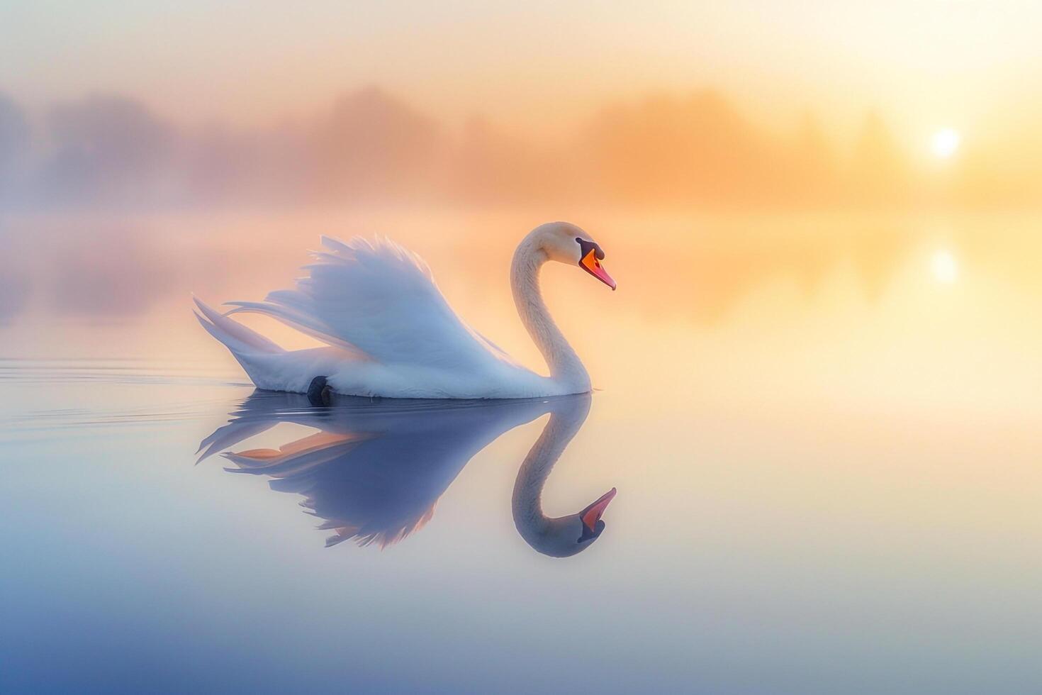 swan on lake at sunrise background photo