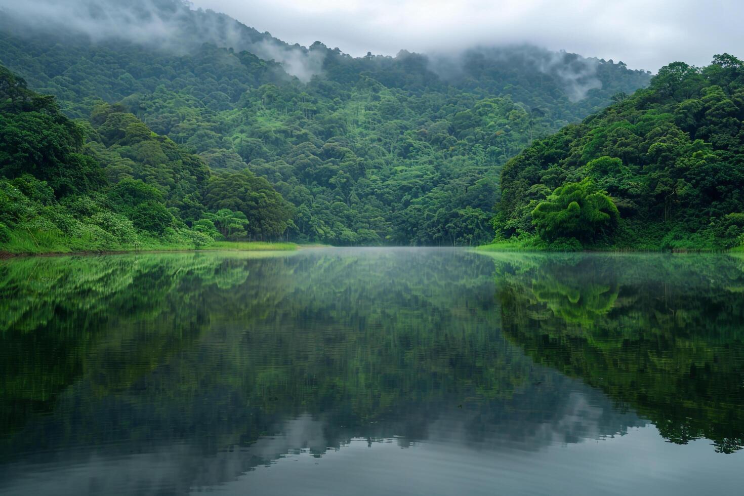 a lake surrounded by lush green trees and mountains background photo