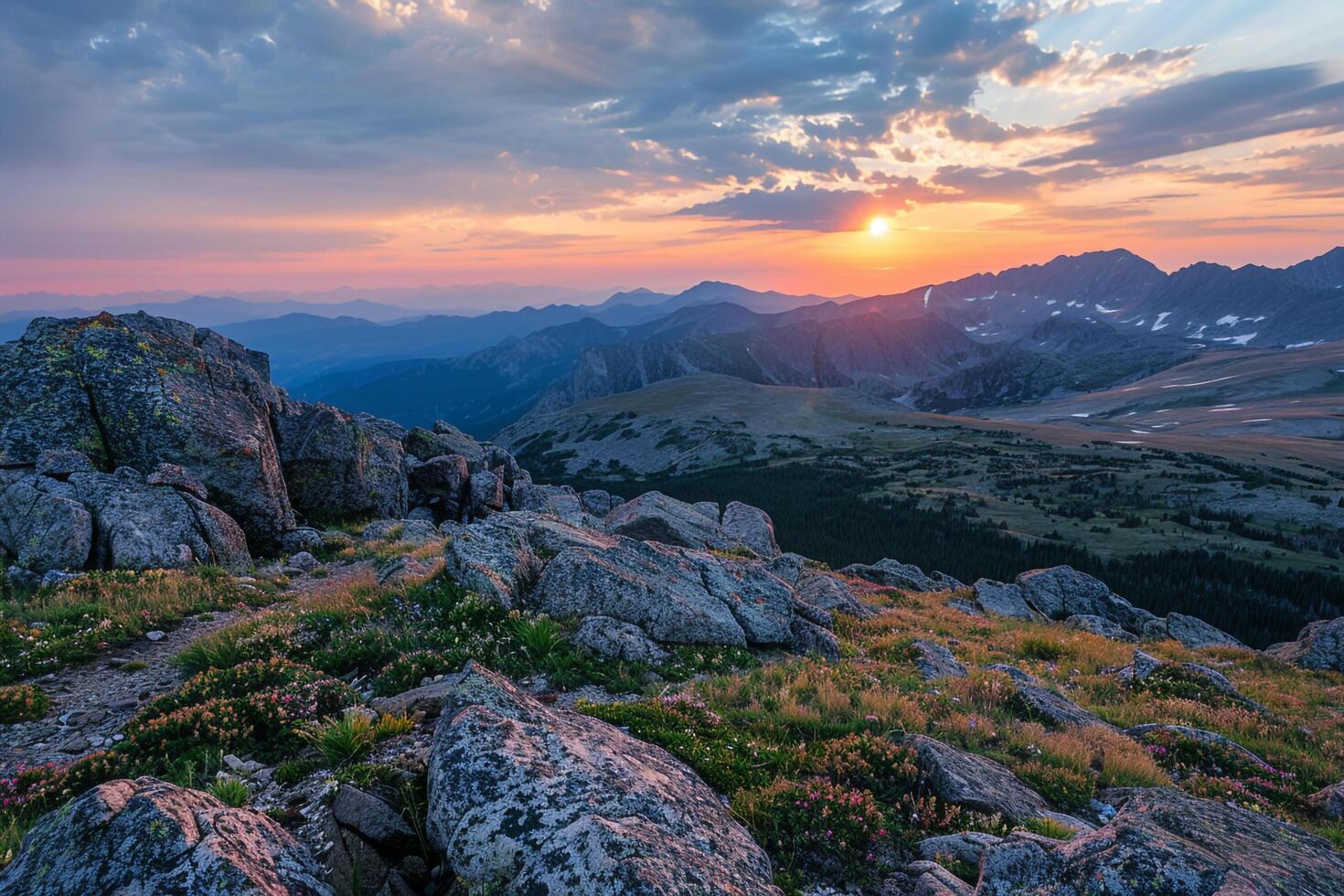 a beautiful sunset over the mountains background photo