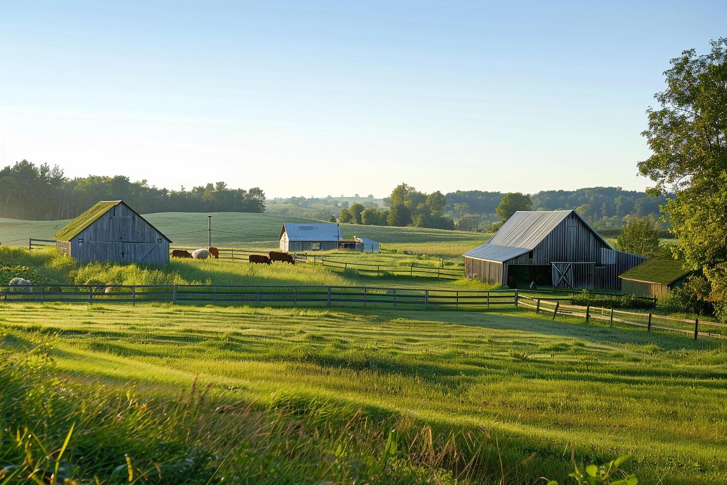 a field with a barn and a fence background photo