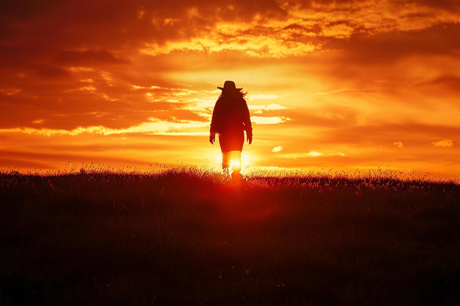 a silhouette of a person walking on a hill at sunset with a nature background photo