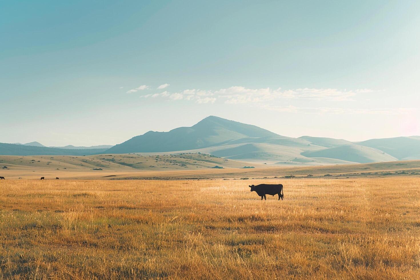 a cow is standing in a field with mountains in the background background photo