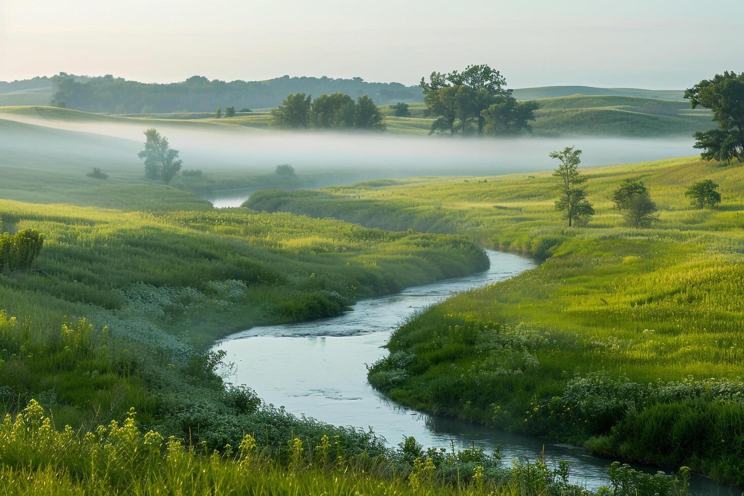 a river runs through a green field with trees and grass background photo