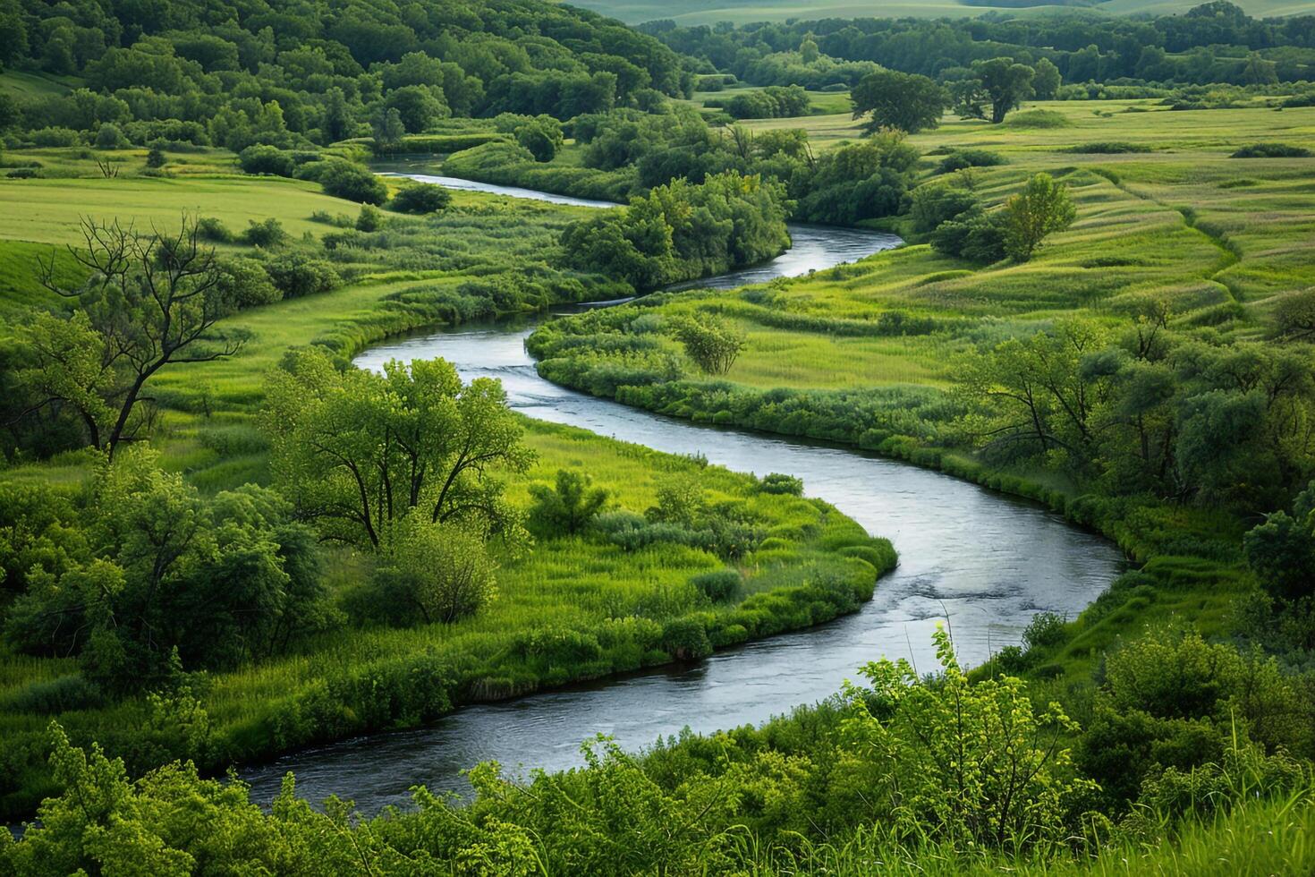 a river runs through a green valley surrounded trees background photo