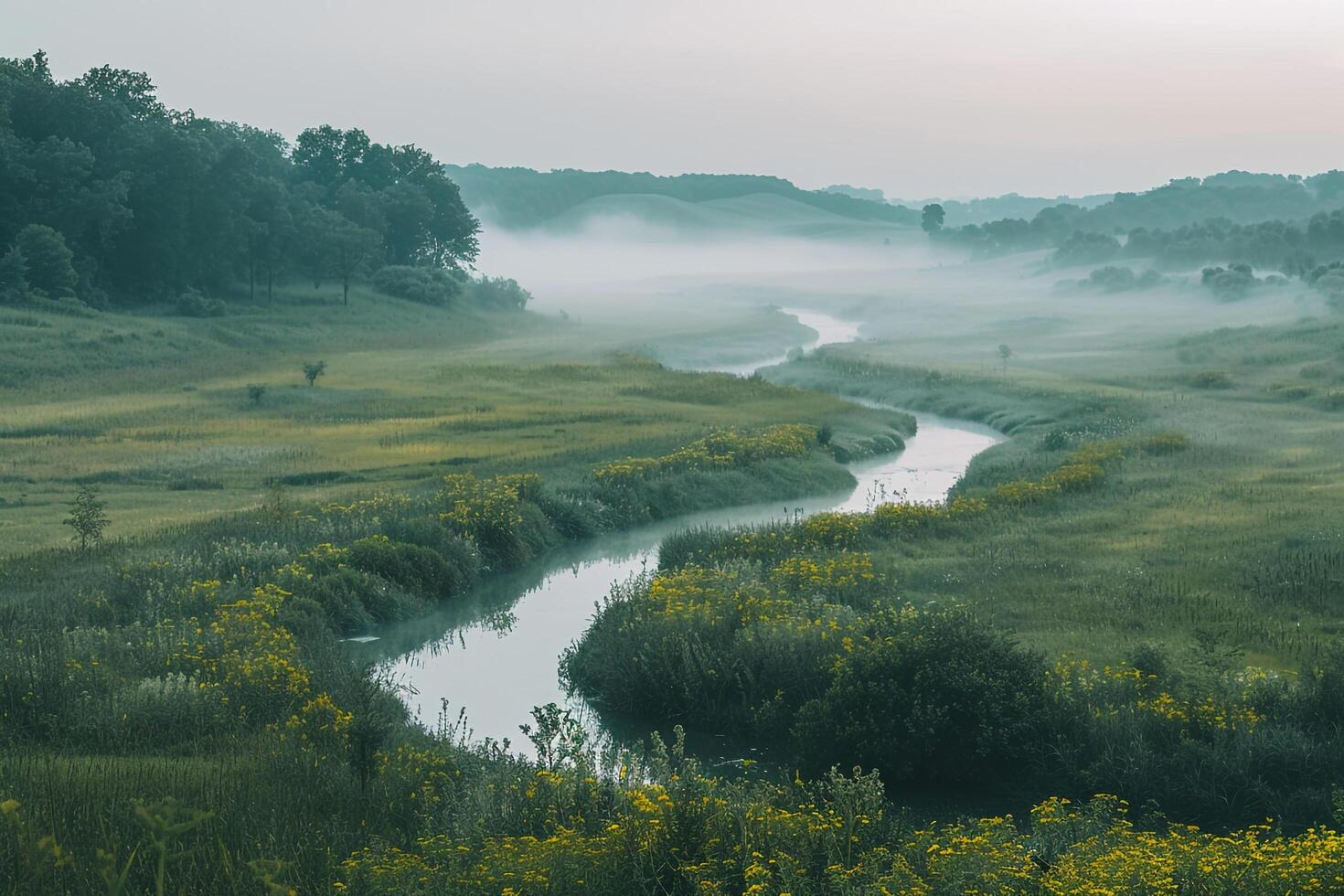 a river in a field with yellow flowers background photo