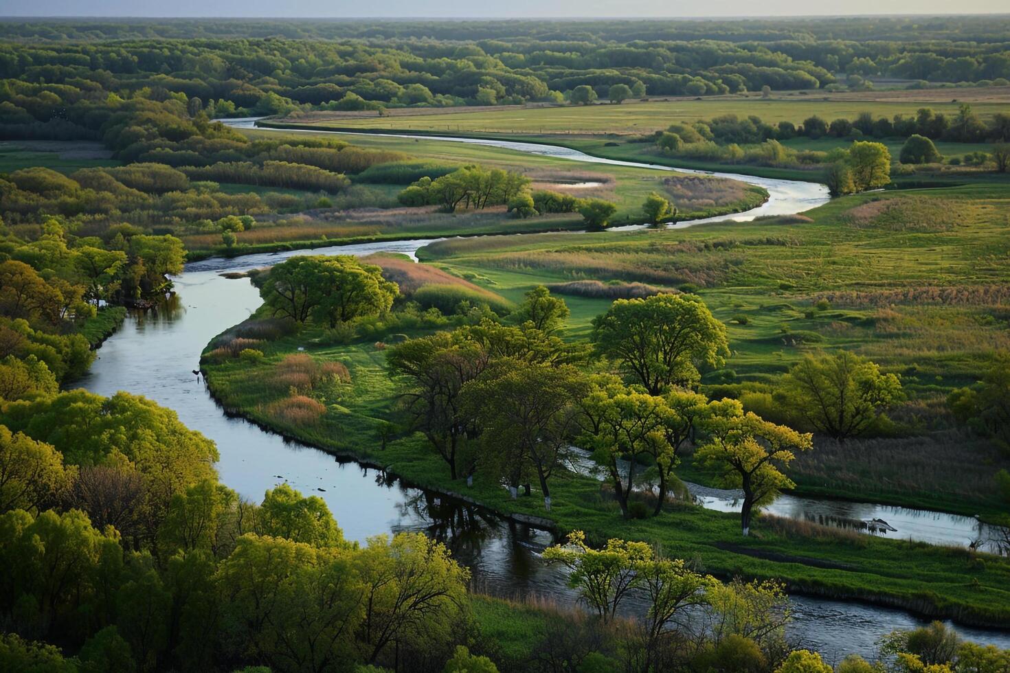 an aerial view of a river and green grass background photo