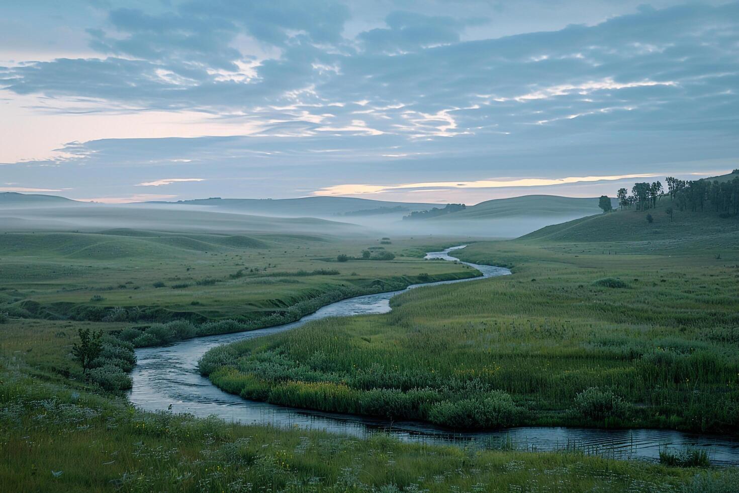 a river runs through a grassy field background photo