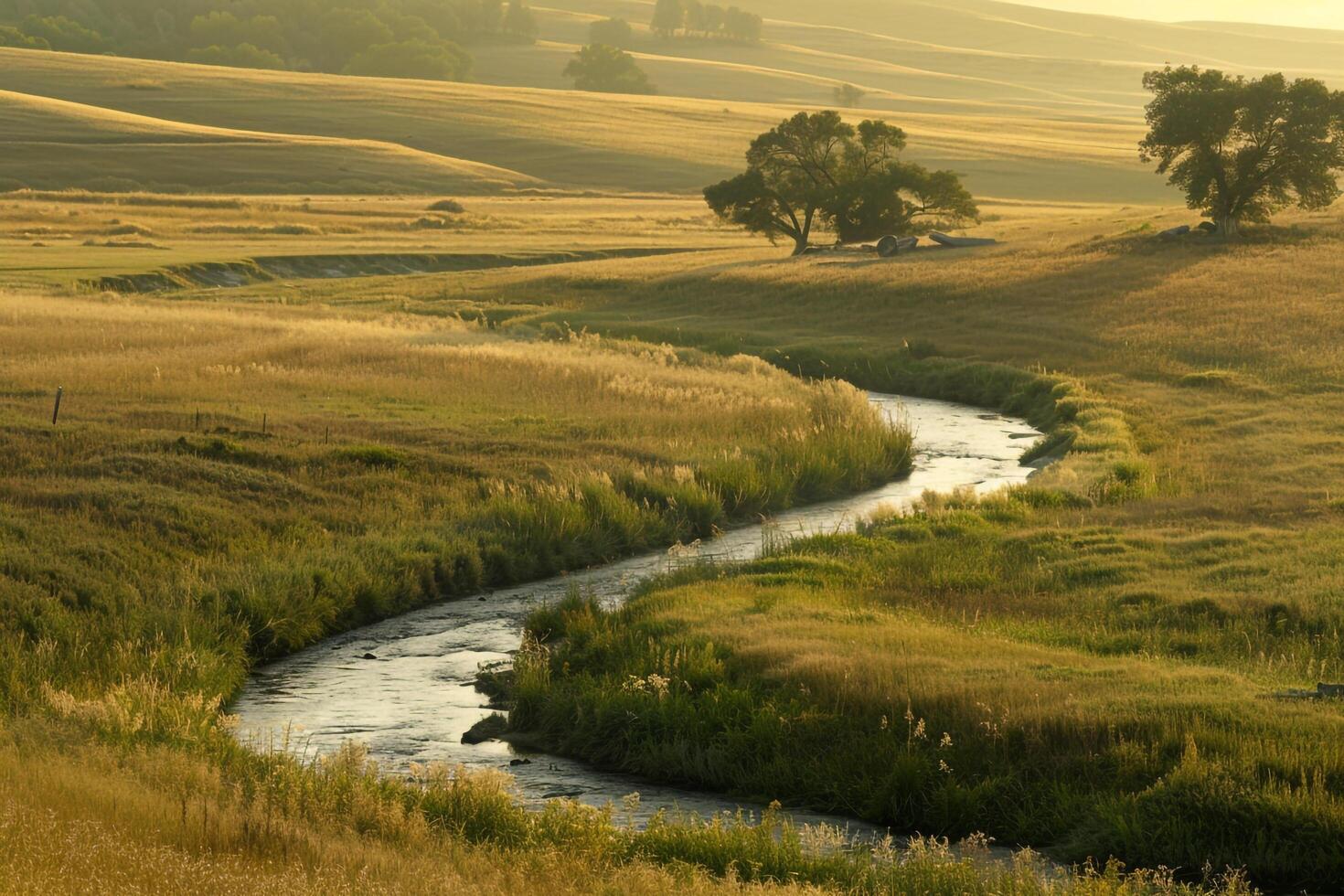a river running through a field with trees and grass background photo