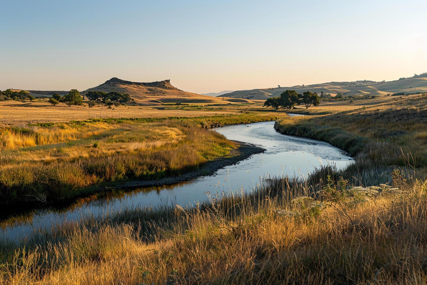 a river running through a grassy field with hills in the background photo
