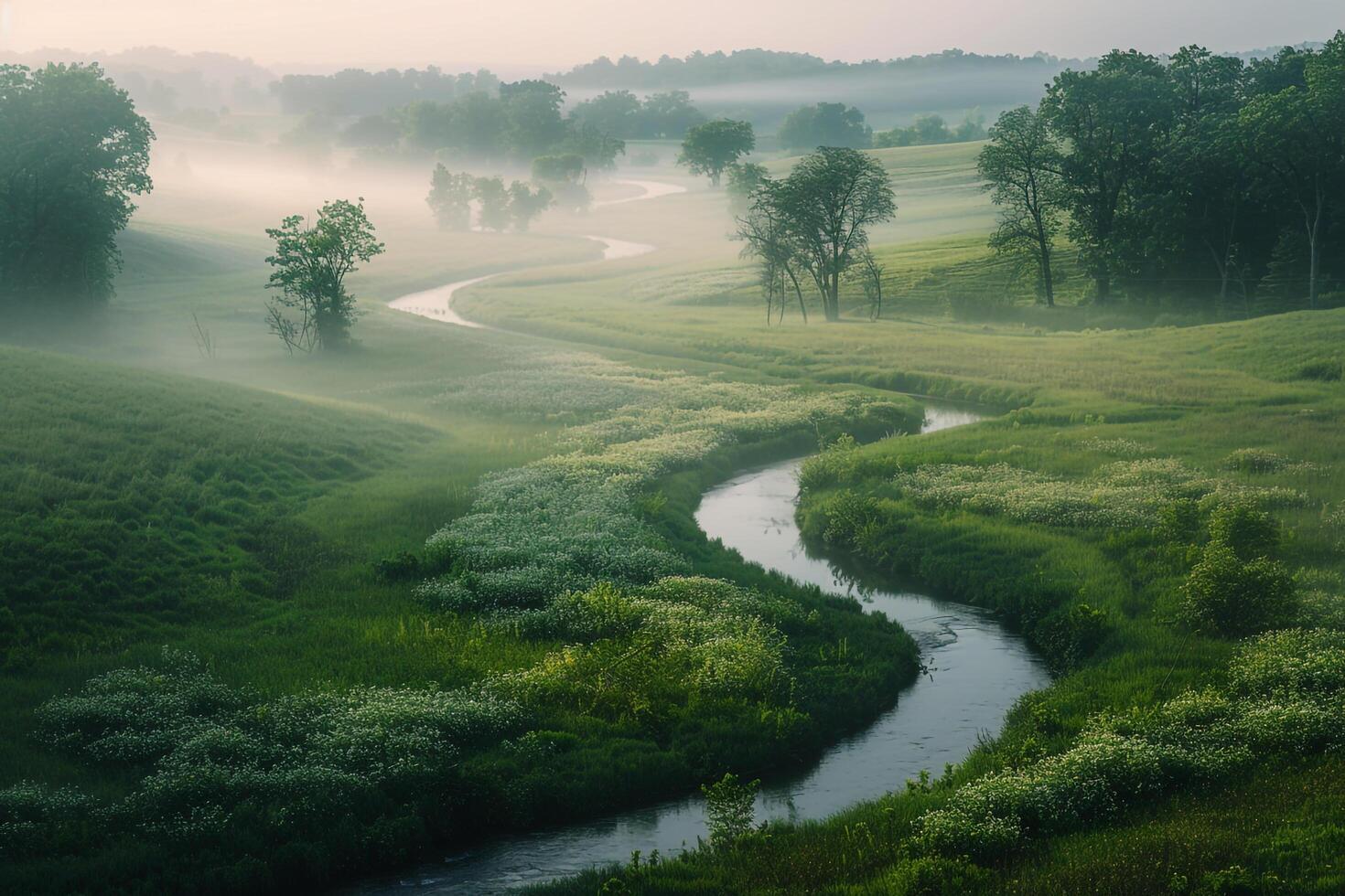 a river runs through a green field with trees and grass background photo