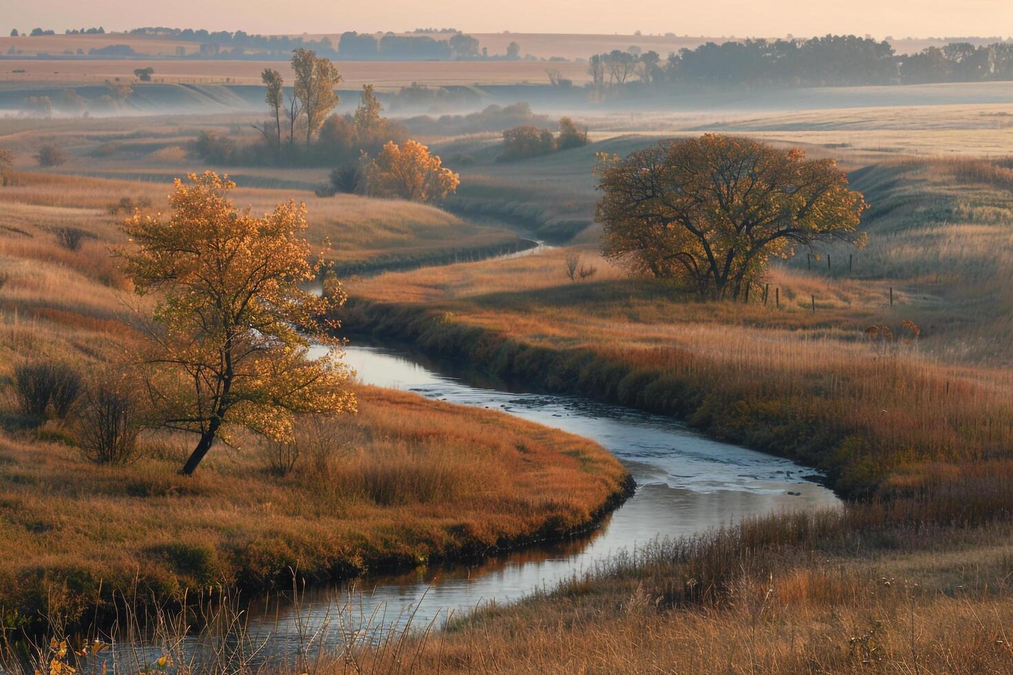 a river runs through a field of grass and trees background photo