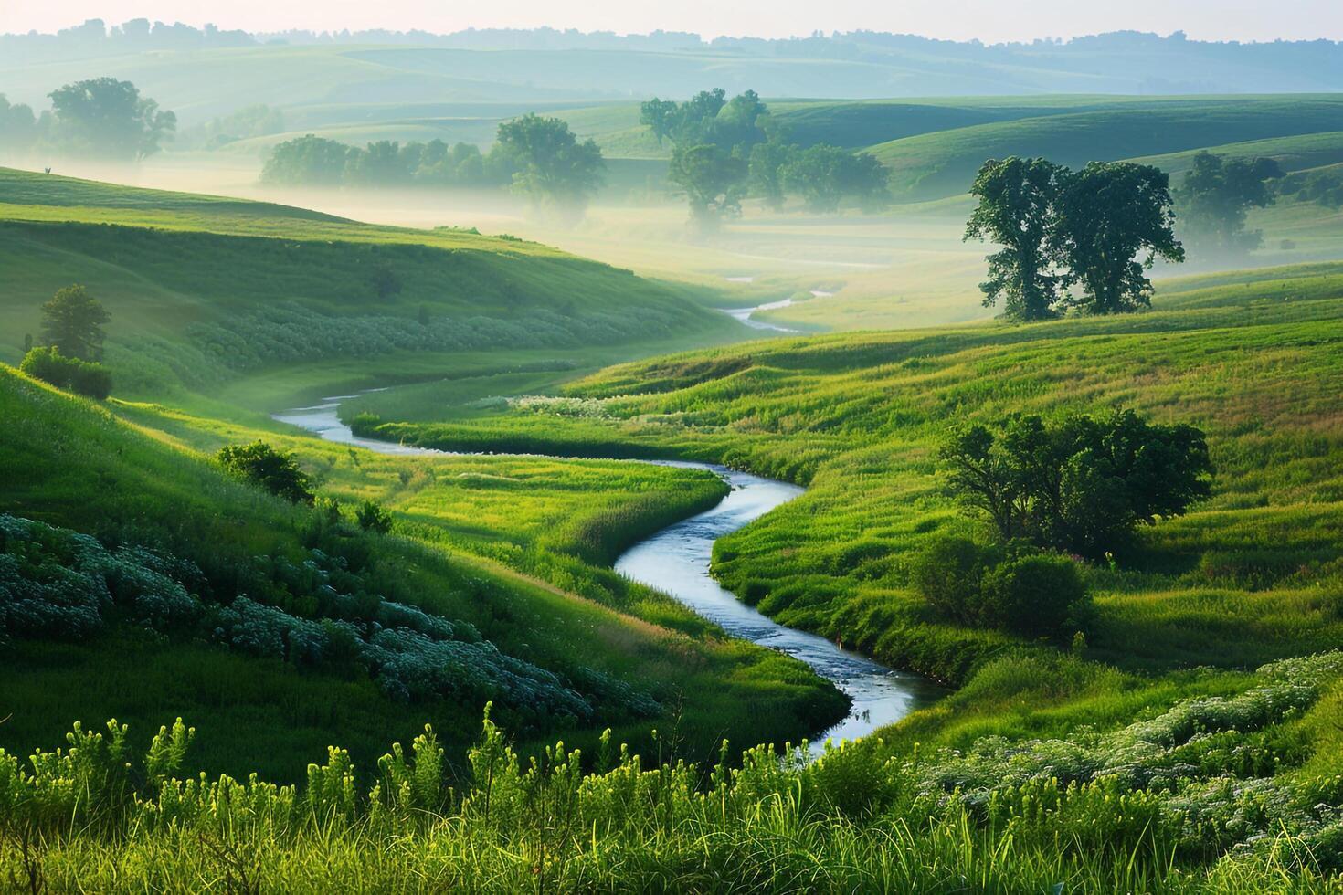 a river flowing through a green field background photo