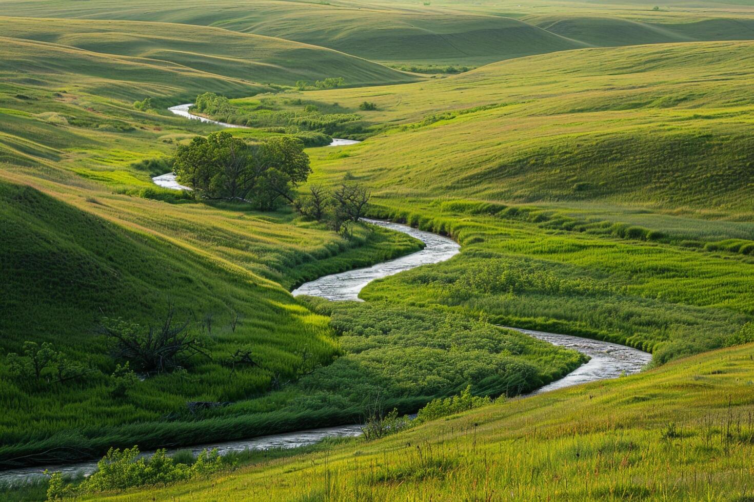a river runs through a green valley in the middle of a grassy field background photo
