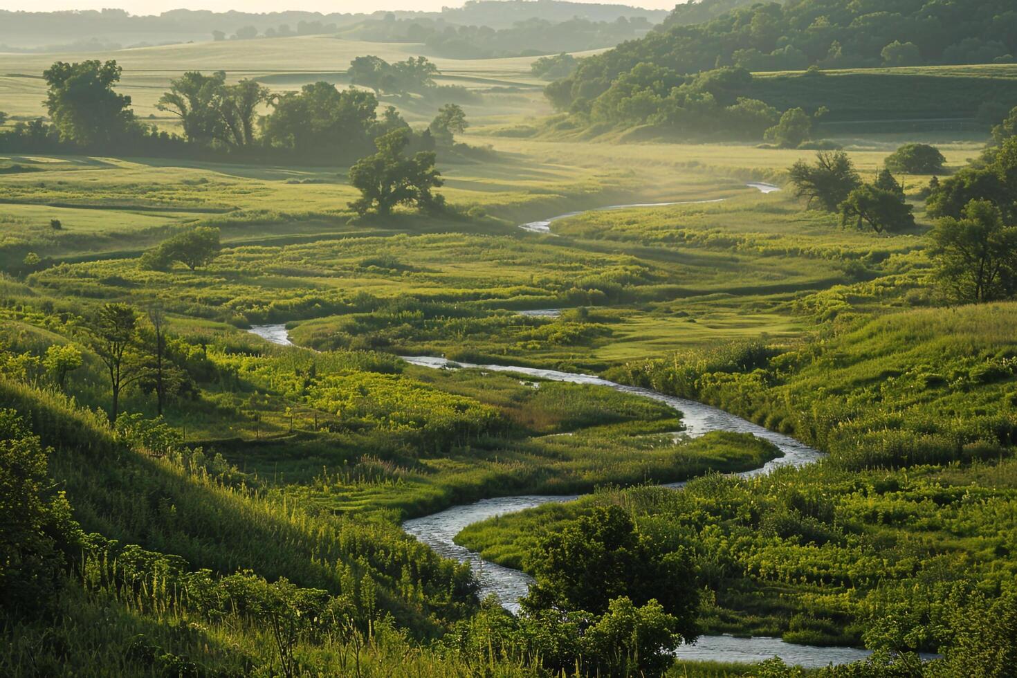 a river flowing through a green valley background photo