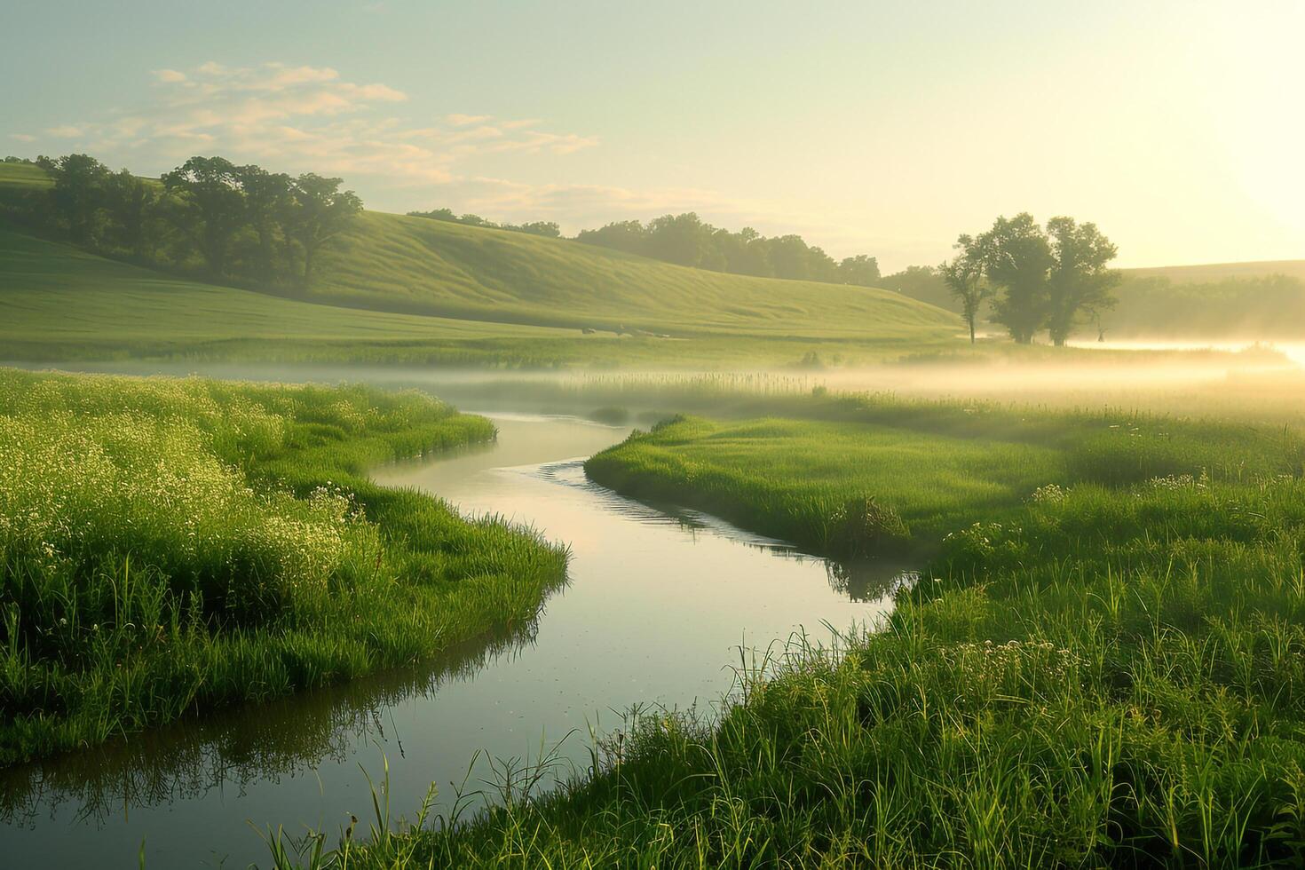 A River Flowing Through a Grassy Field, nature background photo
