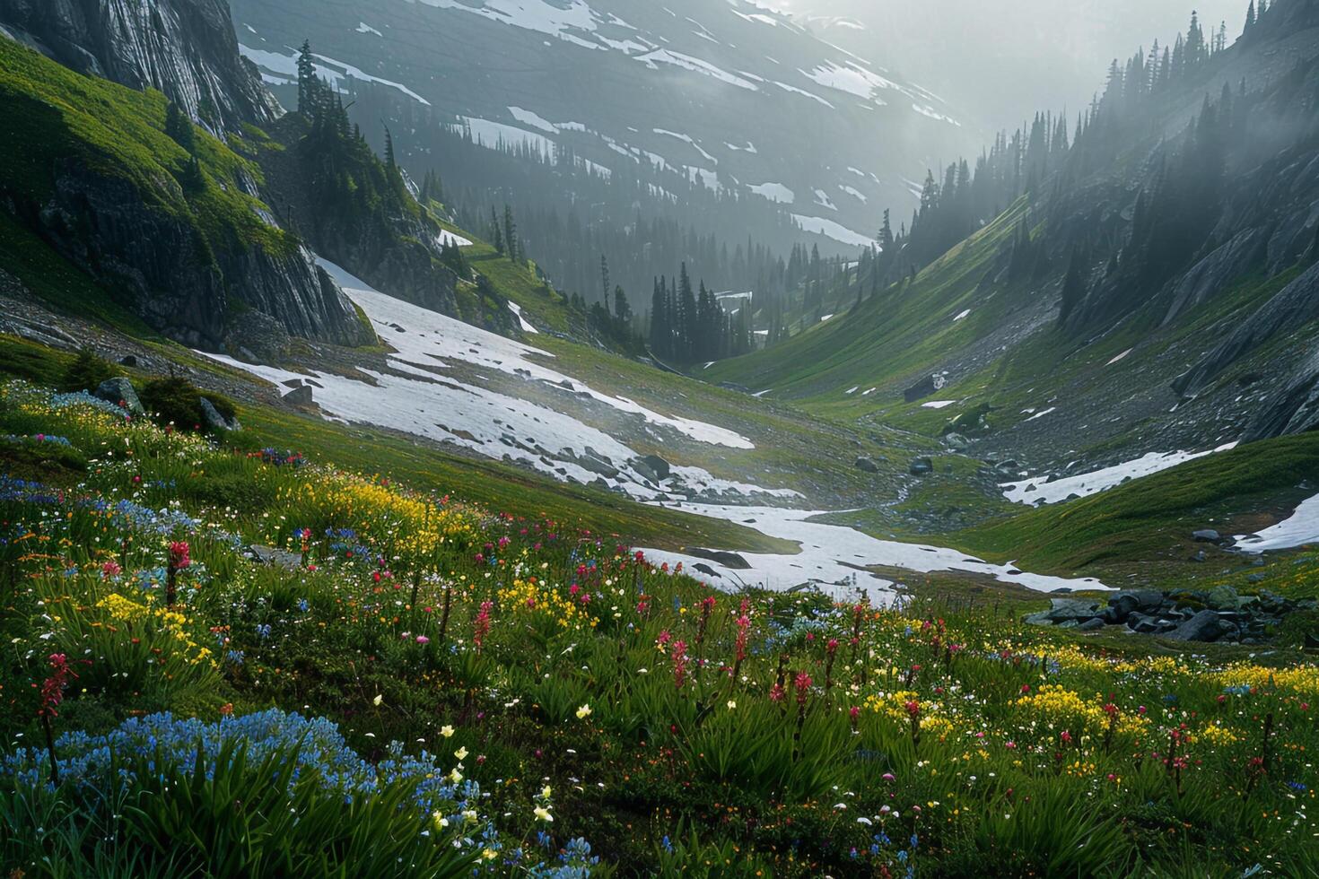 A Mountain Range with a Valley Full of Flowers, nature background photo