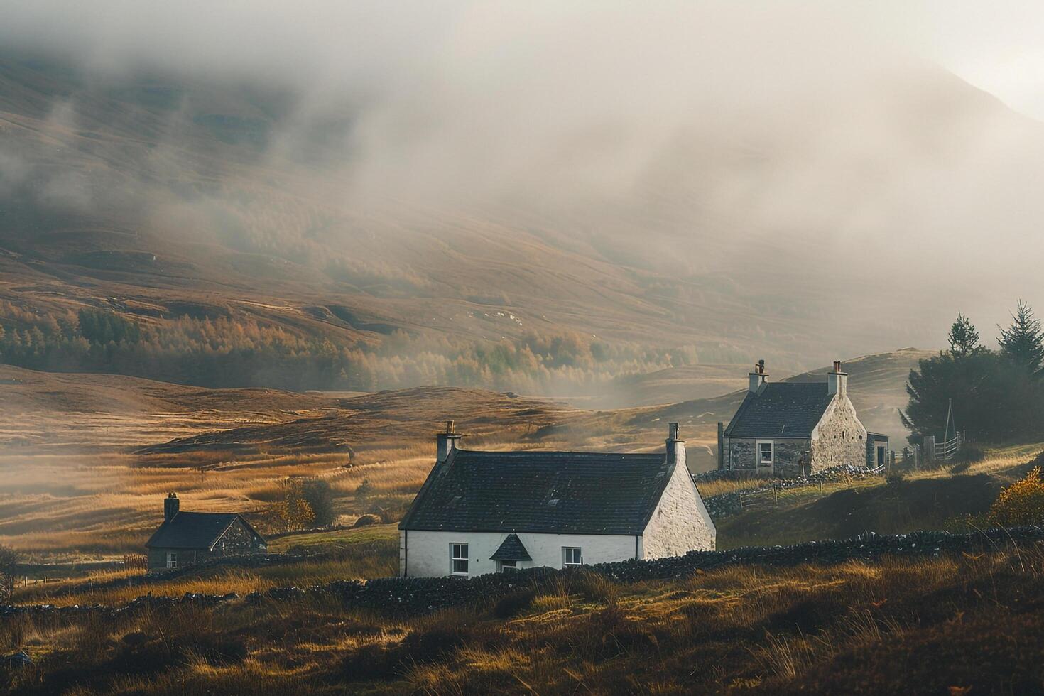 Scottish Countryside with Houses and Mountains in the Background photo