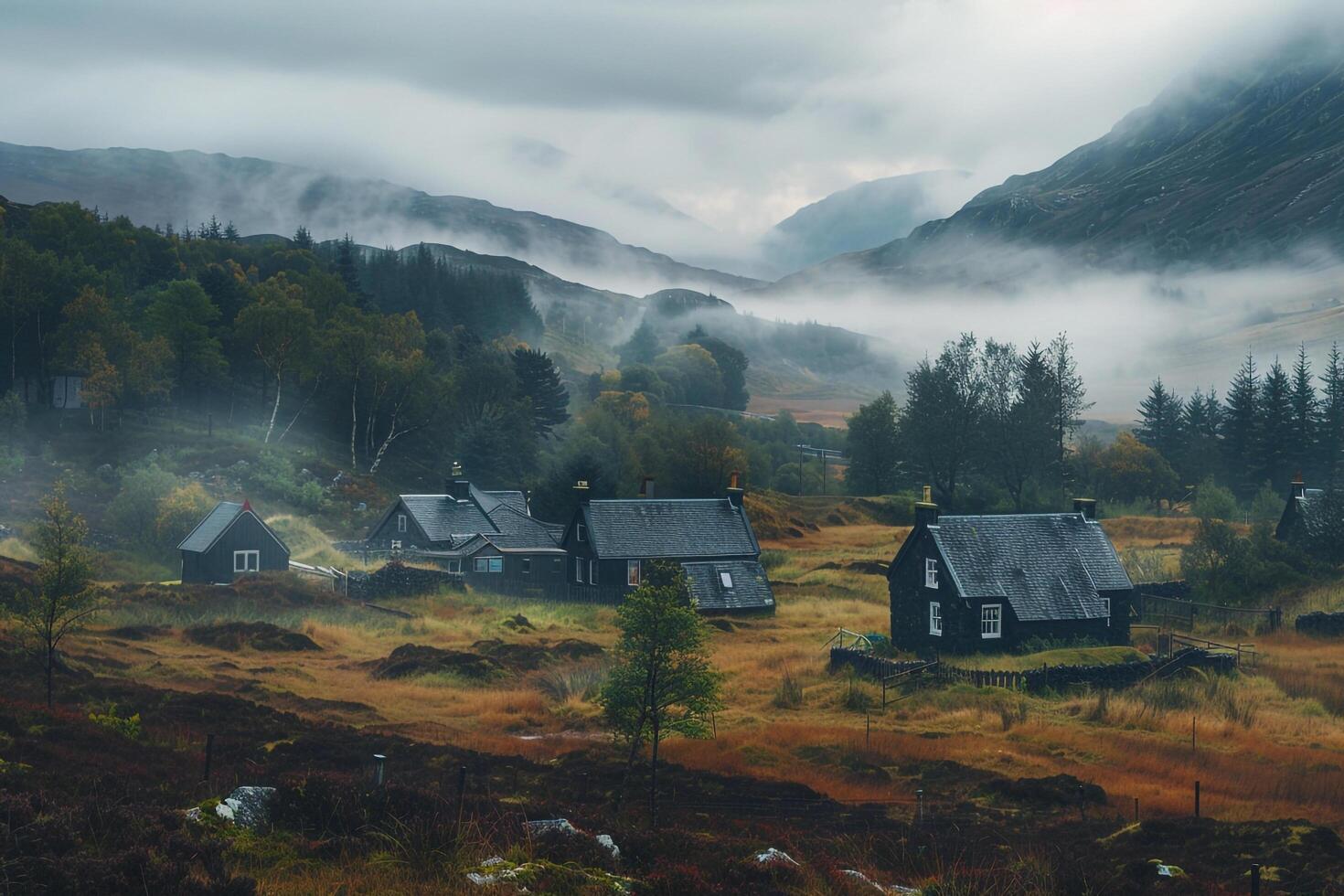A misty morning in the Scottish Highlands, background photo
