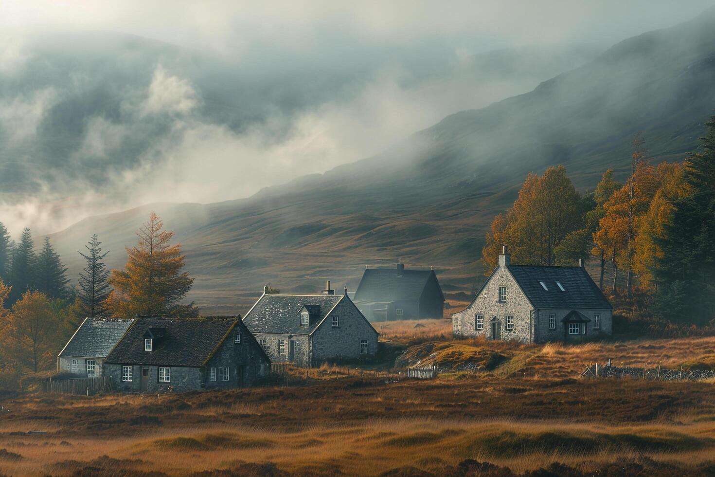 A misty morning in the Highlands of Scotland, background photo