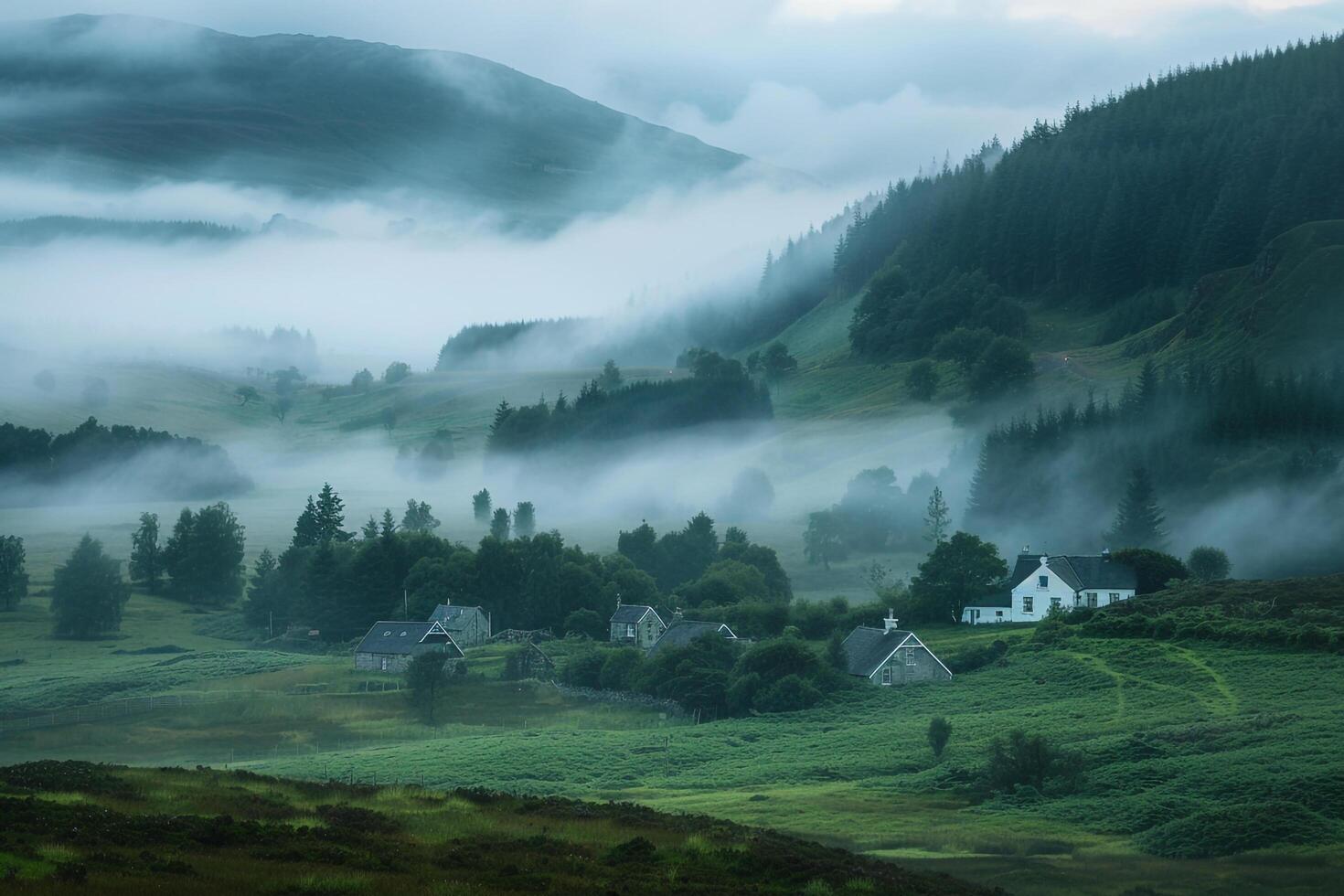 A foggy morning in the Highlands of Scotland, background photo