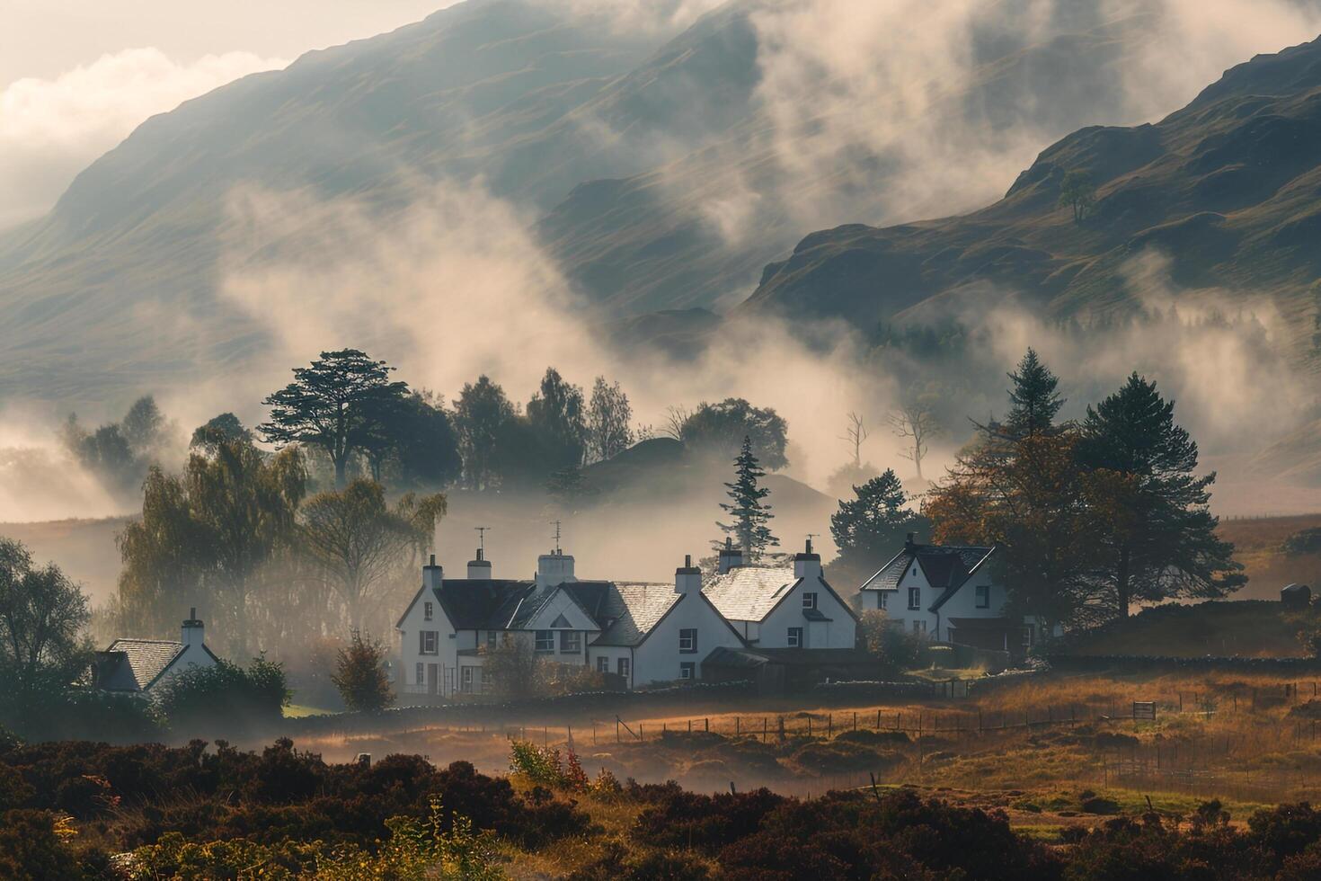 A misty morning in the Highlands of Scotland, background photo