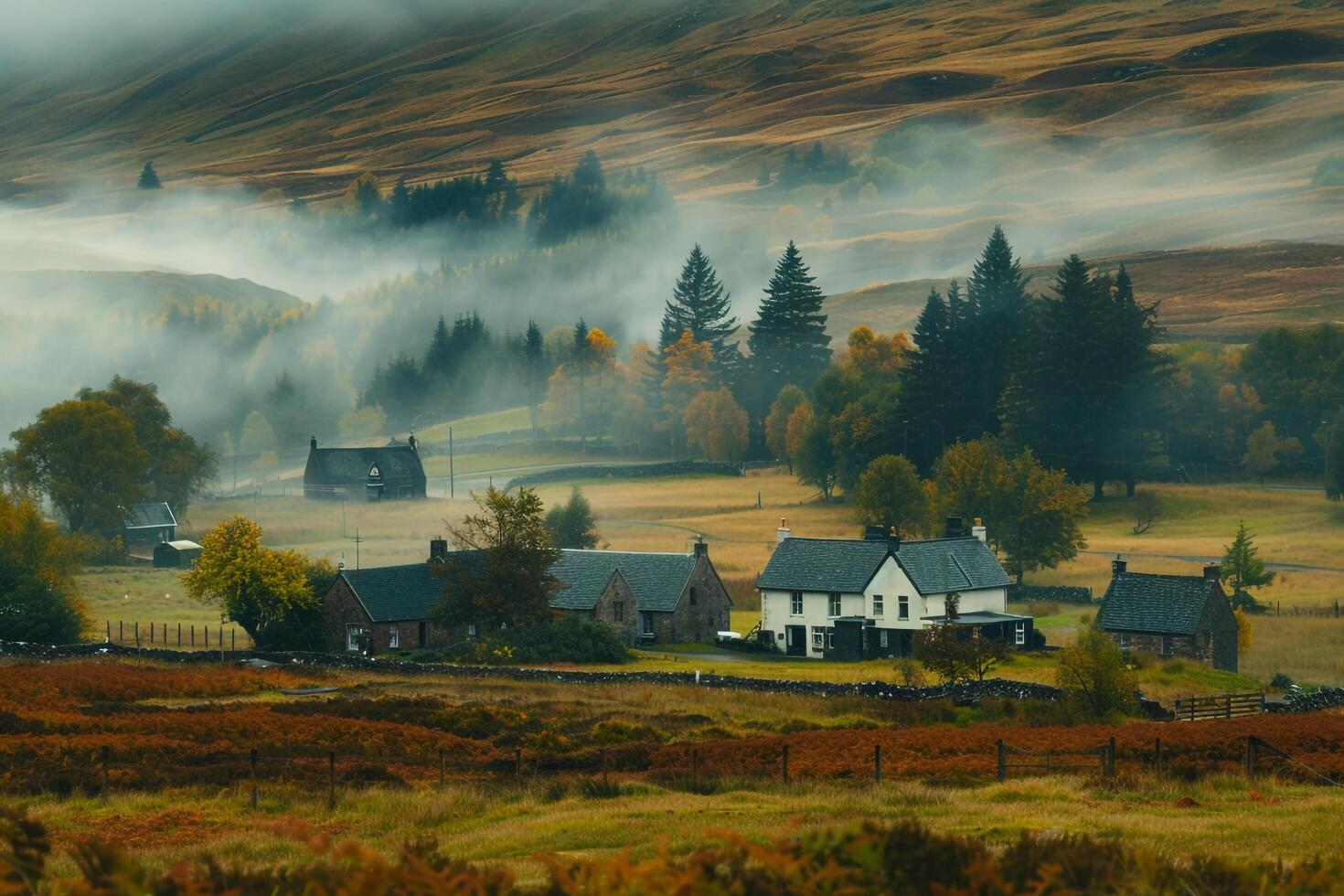 A misty morning in the Scottish Highlands, background photo