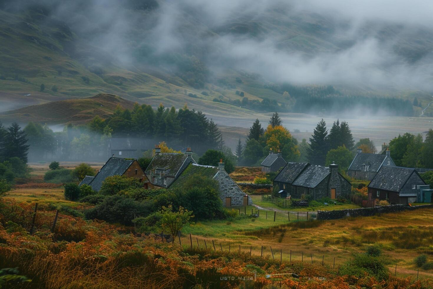 A misty morning in the Highlands of Scotland, background photo