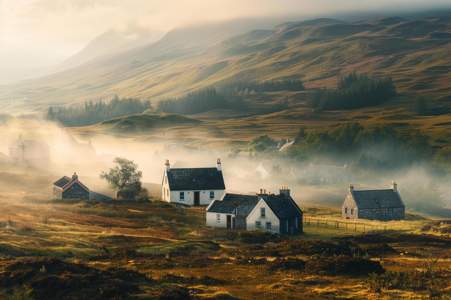 A misty morning in the Highlands of Scotland, background photo