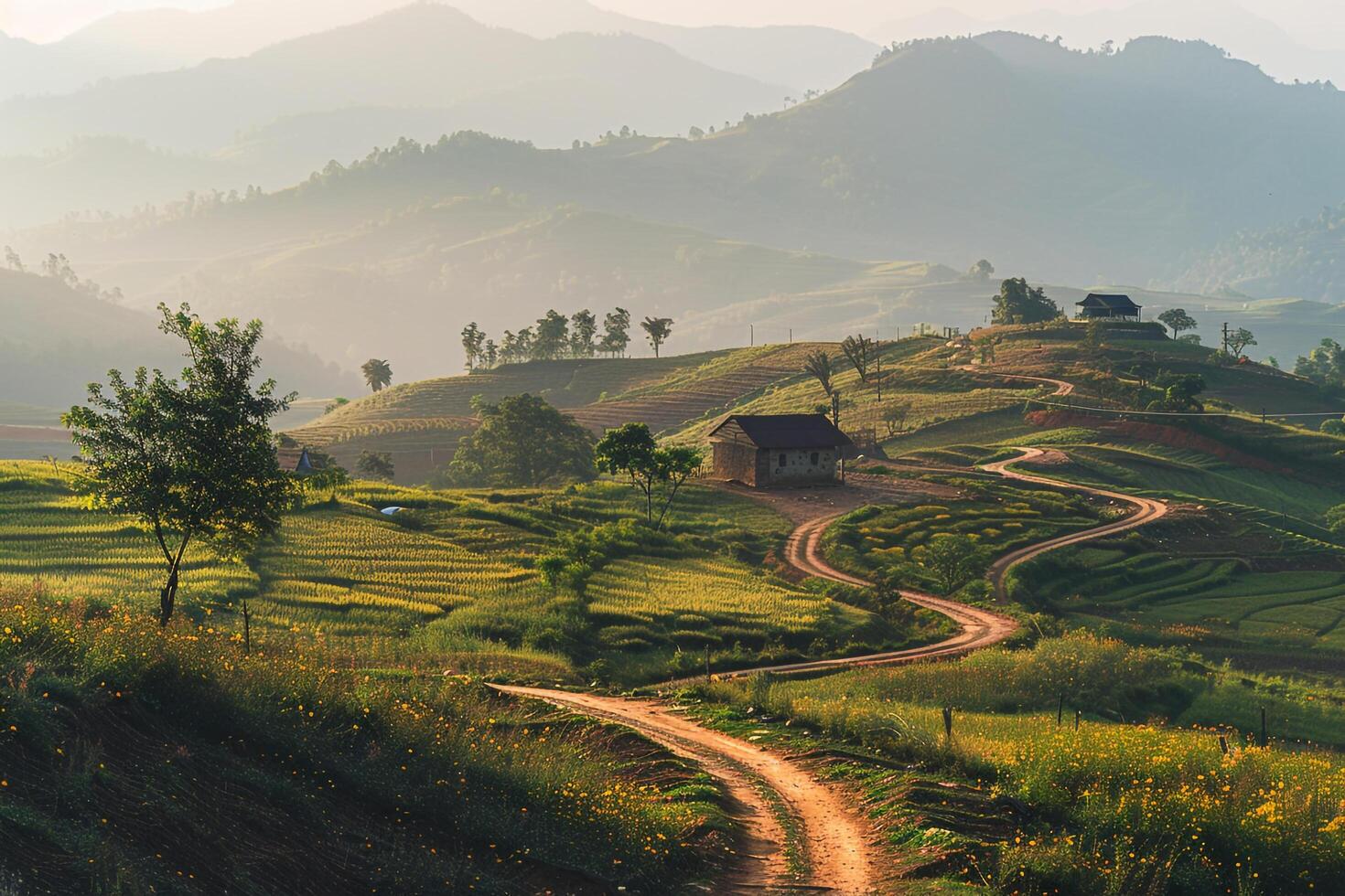 A dirt road winding through a lush green valley, background photo