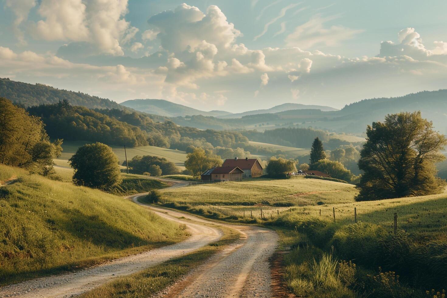 a dirt road runs through a green valley background photo