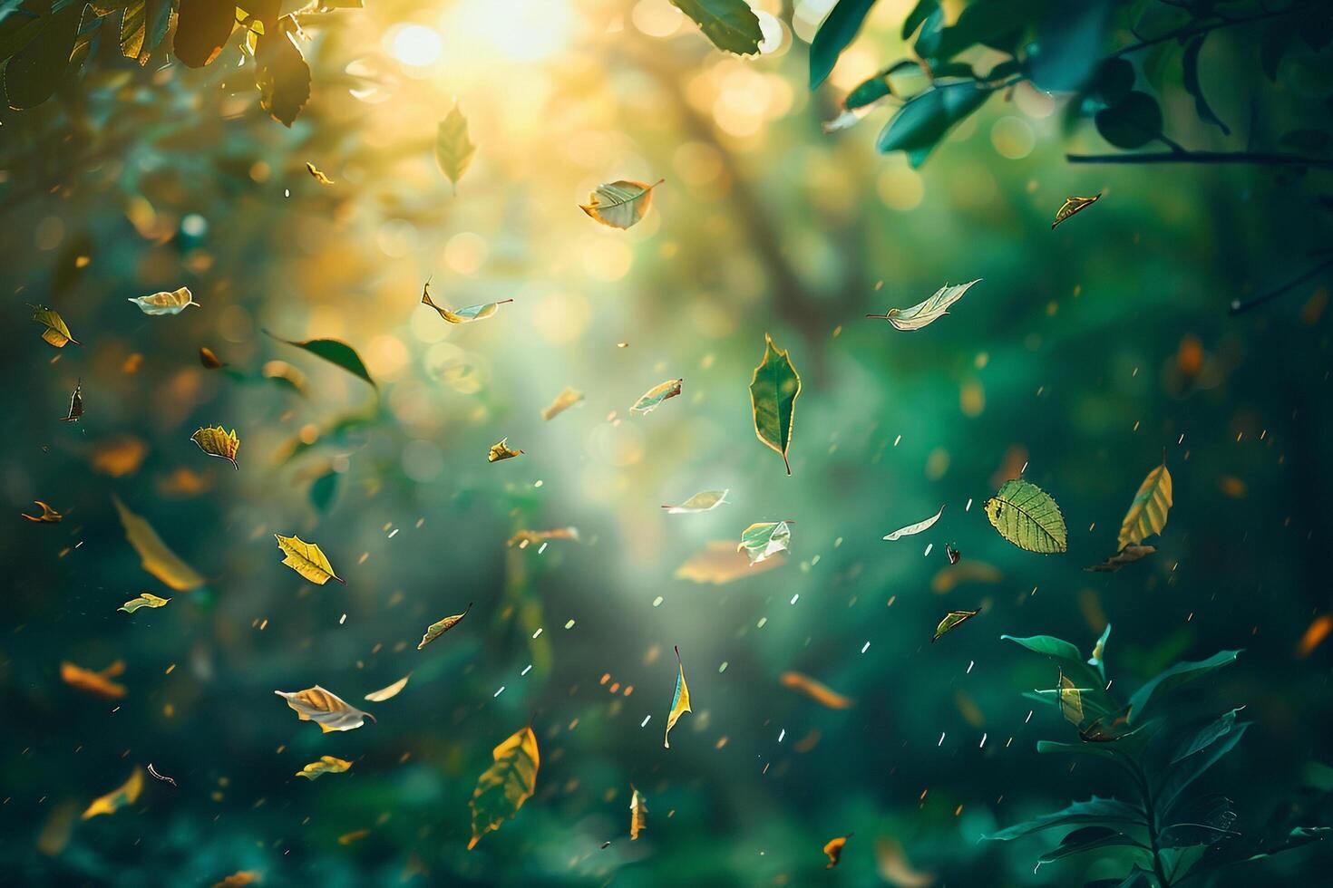 autumn leaves falling in the forest background photo
