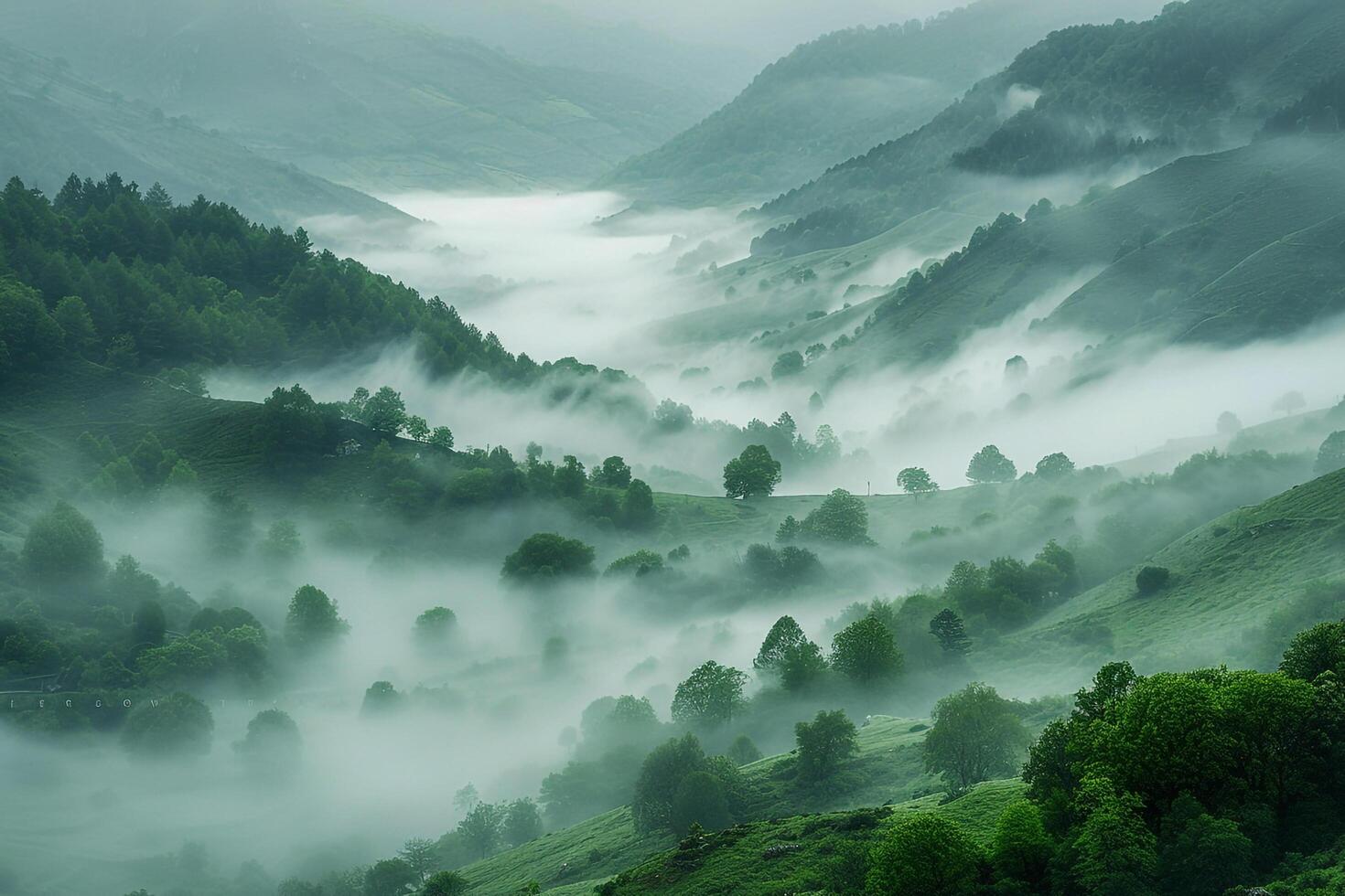 a green valley with trees and fog background photo