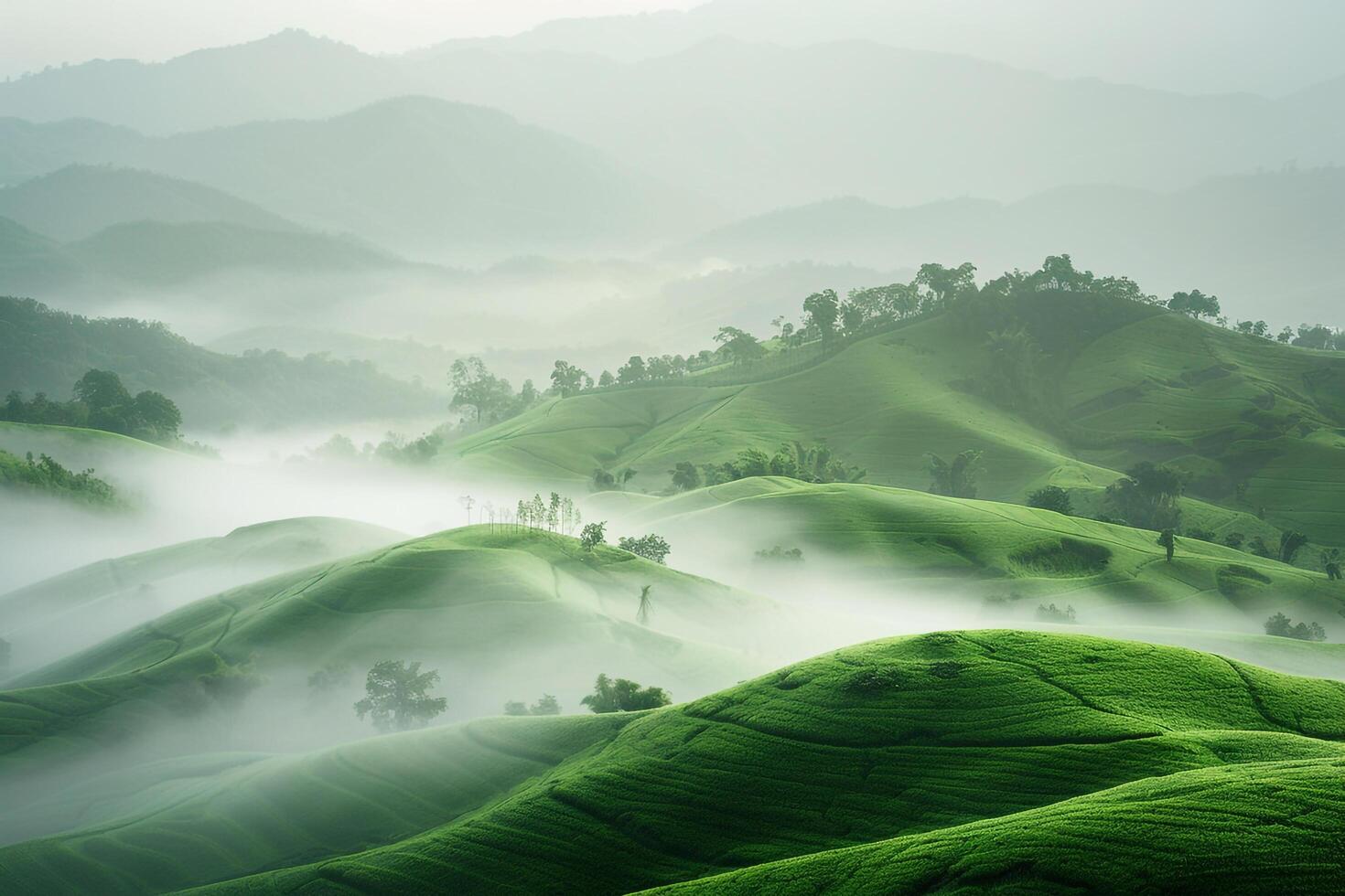 a green hill with fog and trees background photo