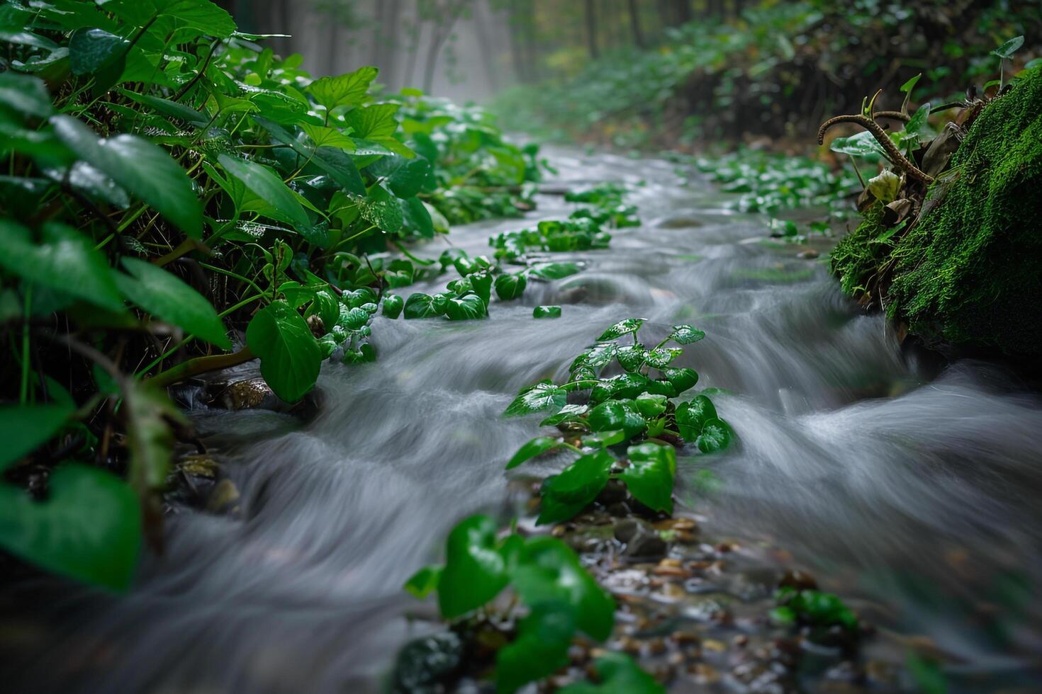 a stream flowing through a forest with green plants background photo