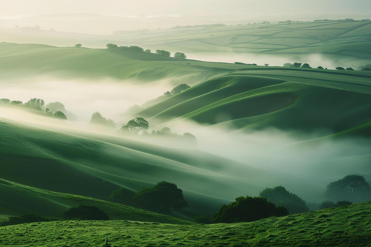 a foggy landscape with trees and hills background photo