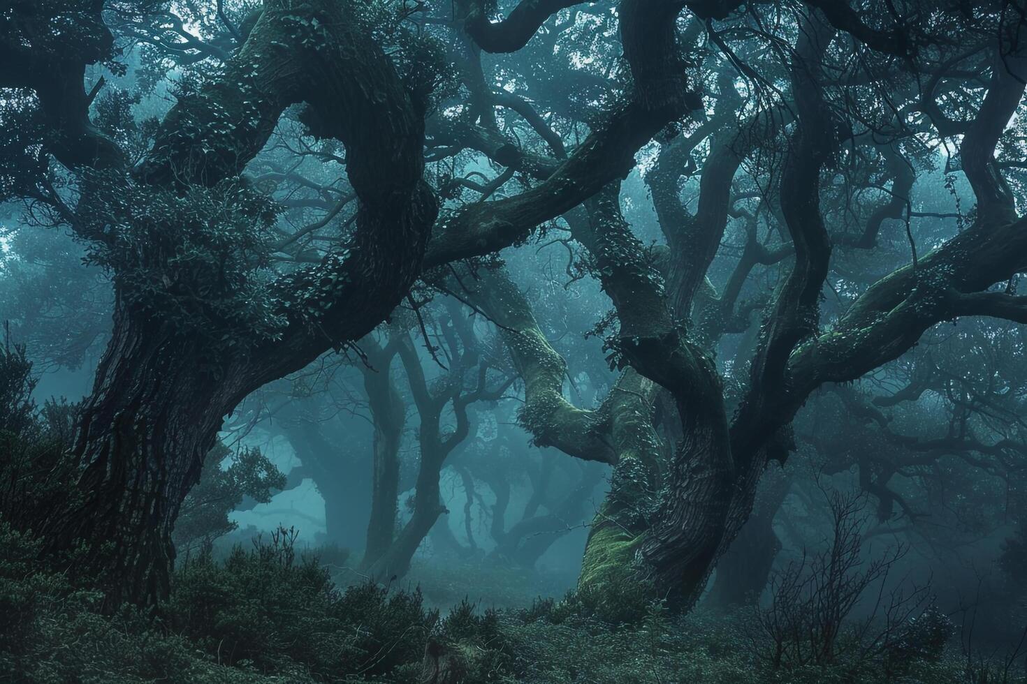 a forest with trees and moss background photo