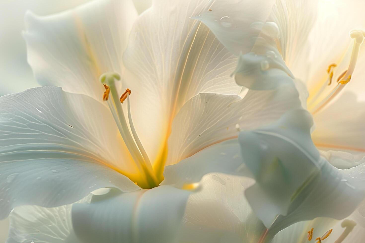 White lily flowers with sun rays shining through background photo